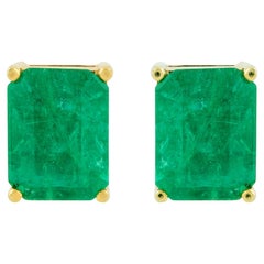 Real 4 Carat Zambian Emerald Gemstone Stud Earrings 18k Yellow Gold Fine Jewelry