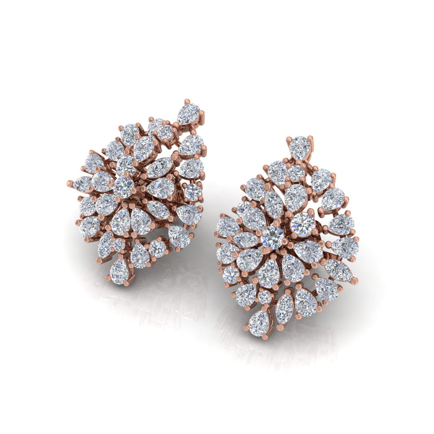 These dazzling cluster earrings feature a total of 4.2 carats of natural brilliant cut diamonds, arranged to create a captivating multi-diamond design. Crafted in luxurious 18 karat Rose gold, with a total weight of 9.74 grams including 8.90 grams