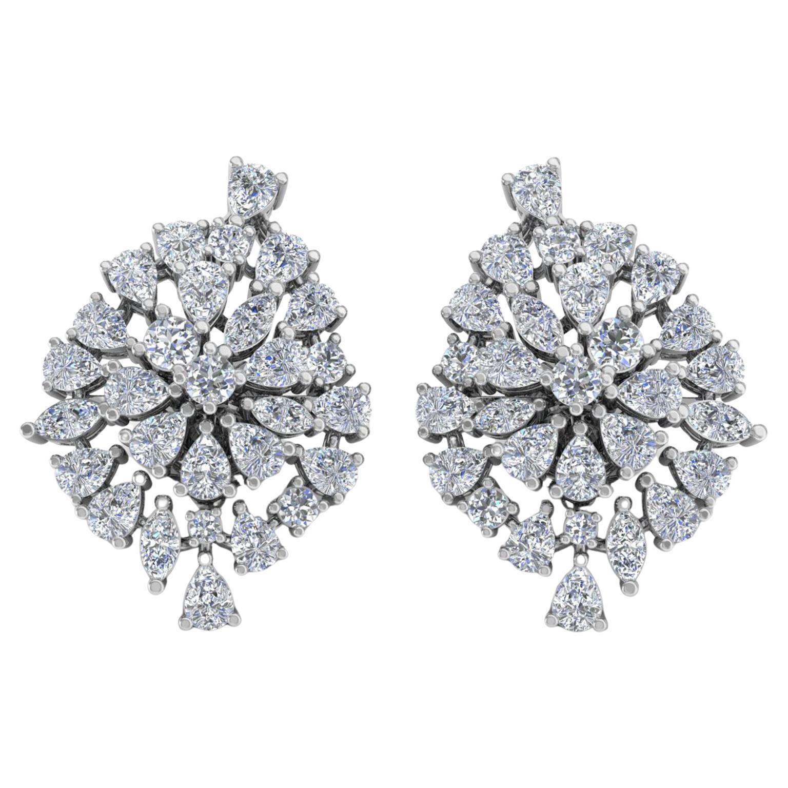 Orecchini a grappolo con diamanti multipli da 4,2 carati reali e taglio brillante in oro bianco 14 carati