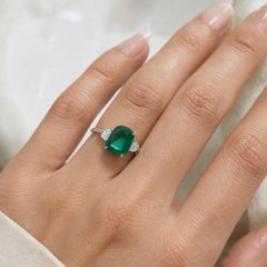 Real 4.23 Carat Zambian Emerald 0.5 Carat SI/H Diamond 14 Karat White Gold Ring