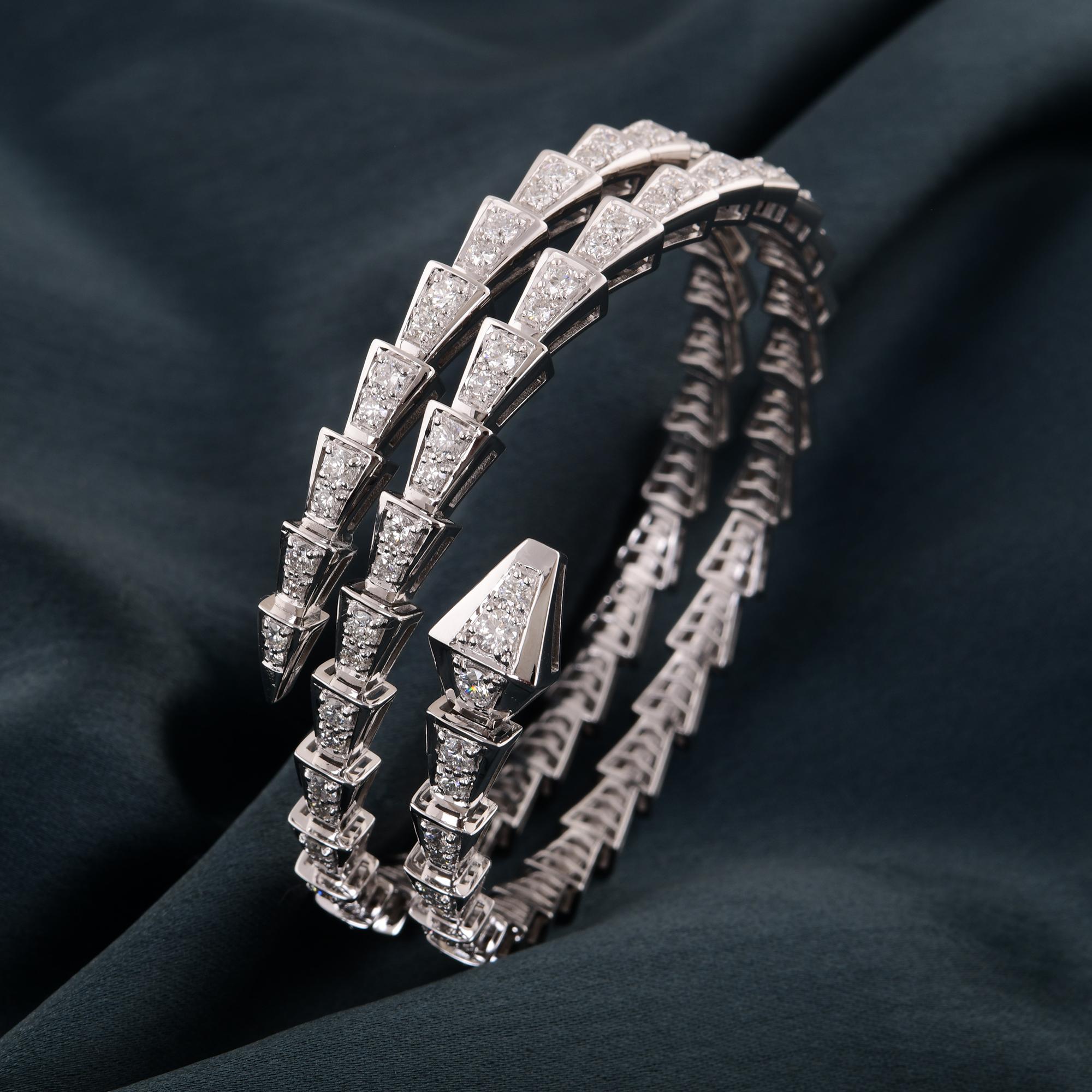 Round Cut Real 4.82 Carat SI/HI Diamond Snake Bangle Bracelet 14 Karat White Gold Jewelry For Sale