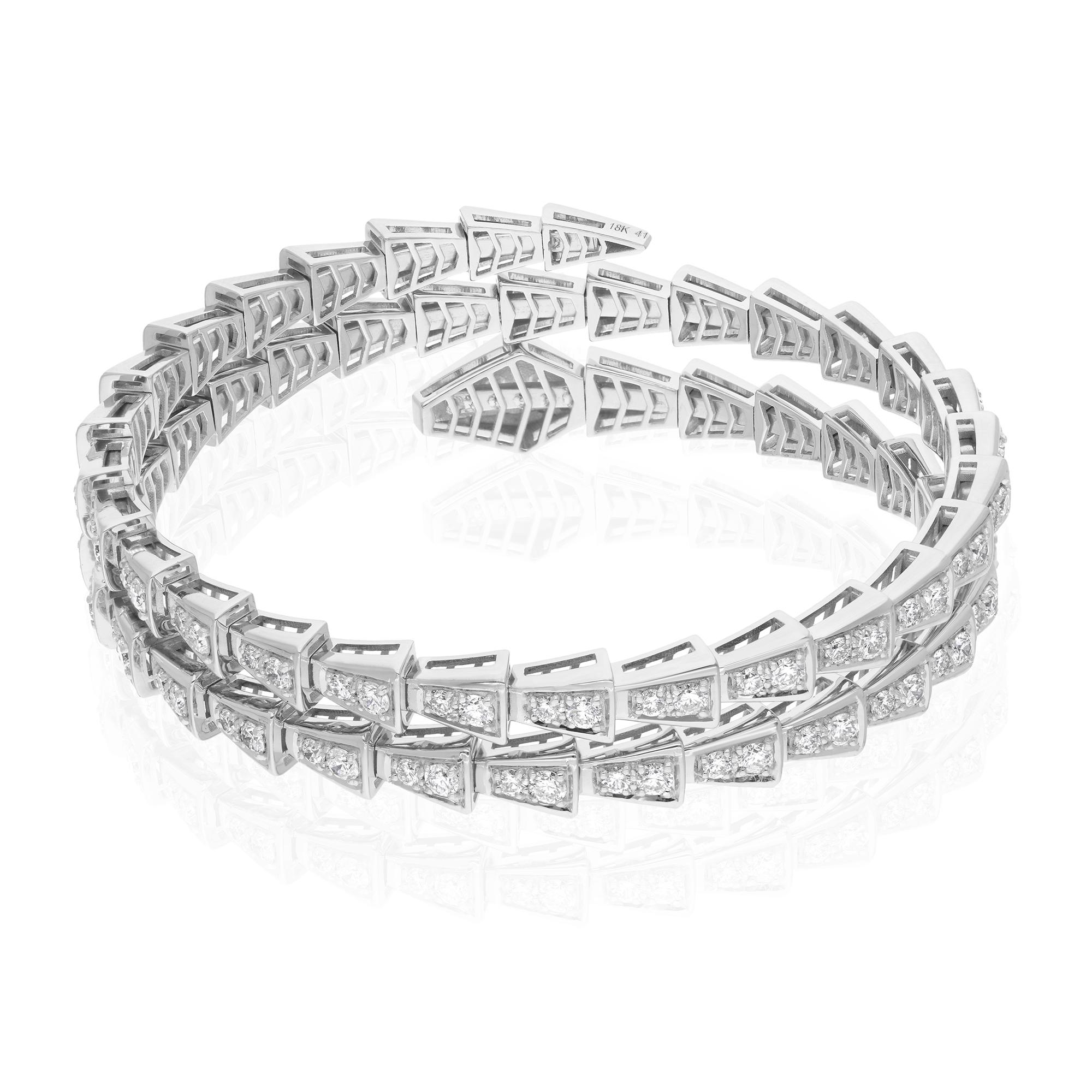 Real 4.82 Carat SI/HI Diamond Snake Bangle Bracelet 14 Karat White Gold Jewelry For Sale 1