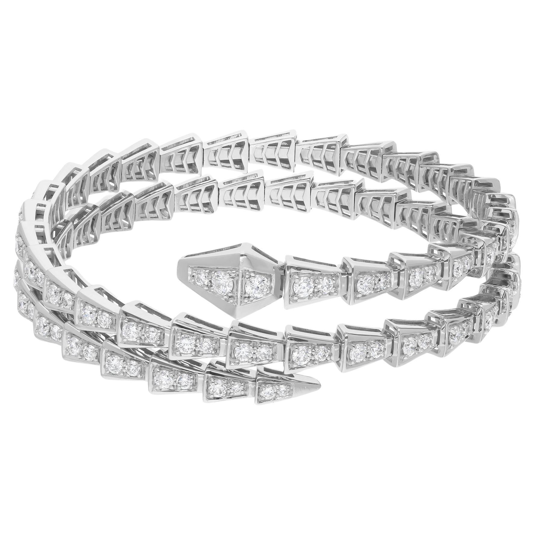 Real 4.82 Carat SI/HI Diamond Snake Bangle Bracelet 14 Karat White Gold Jewelry For Sale