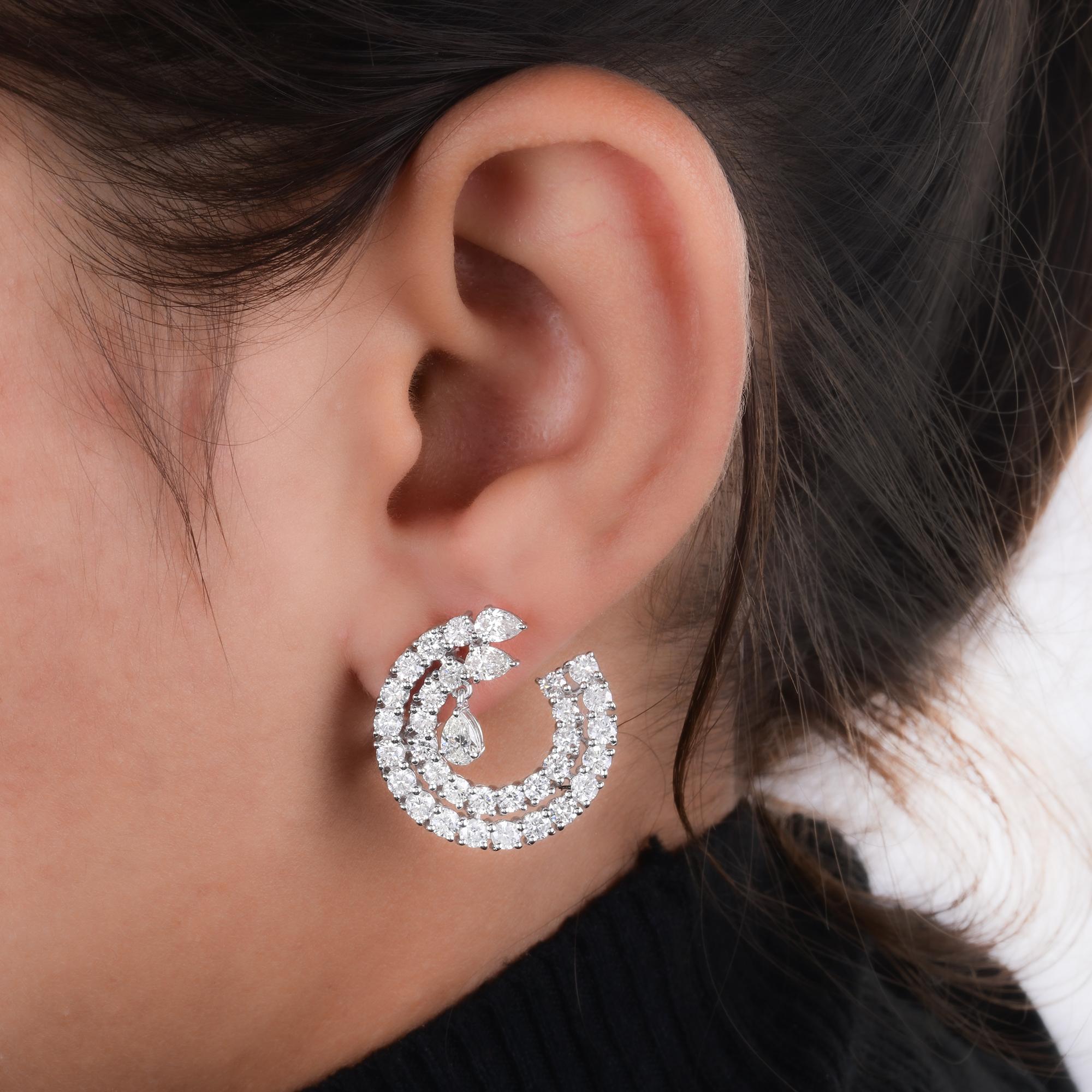 Modern Real 5 Carat Pear & Round Diamond Earrings 14 Karat White Gold Handmade Jewelry For Sale