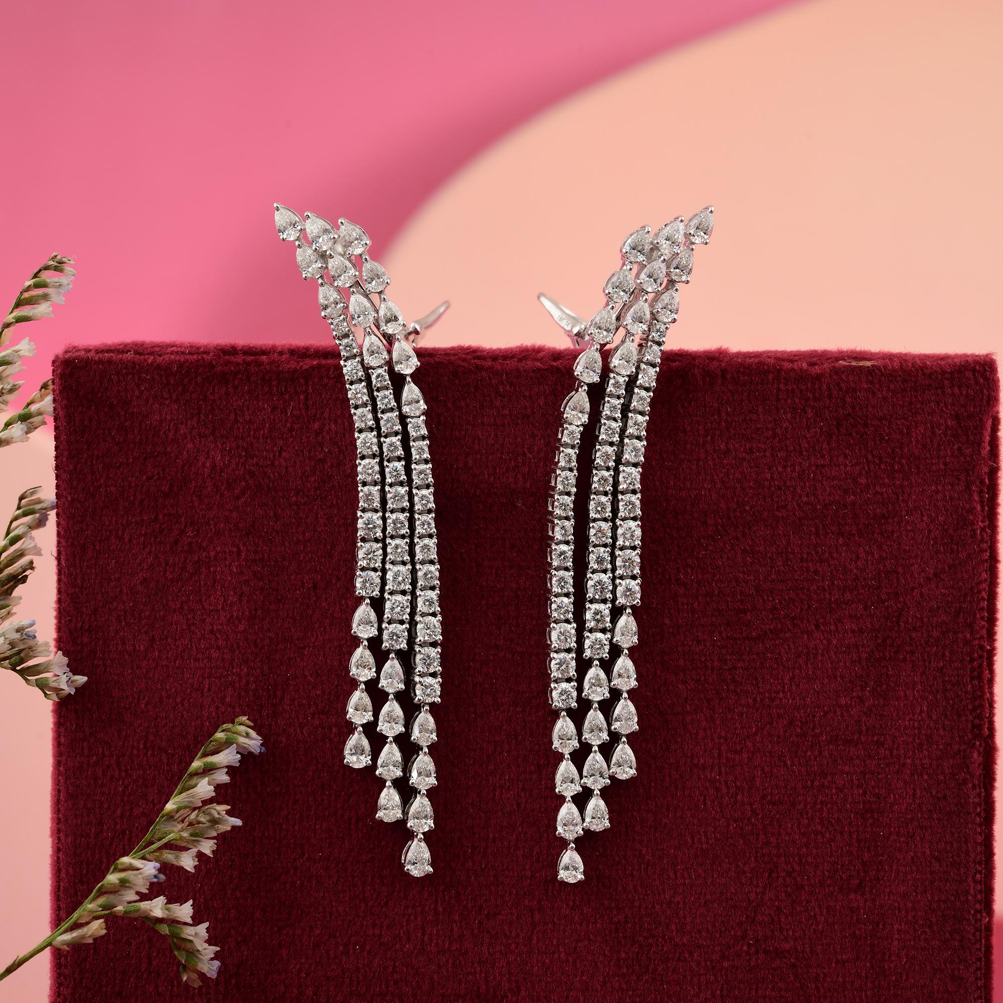 Pear Cut Real 5.10 Carat SI/H Pear Round Diamond Chandelier Earrings 18 karat White Gold For Sale