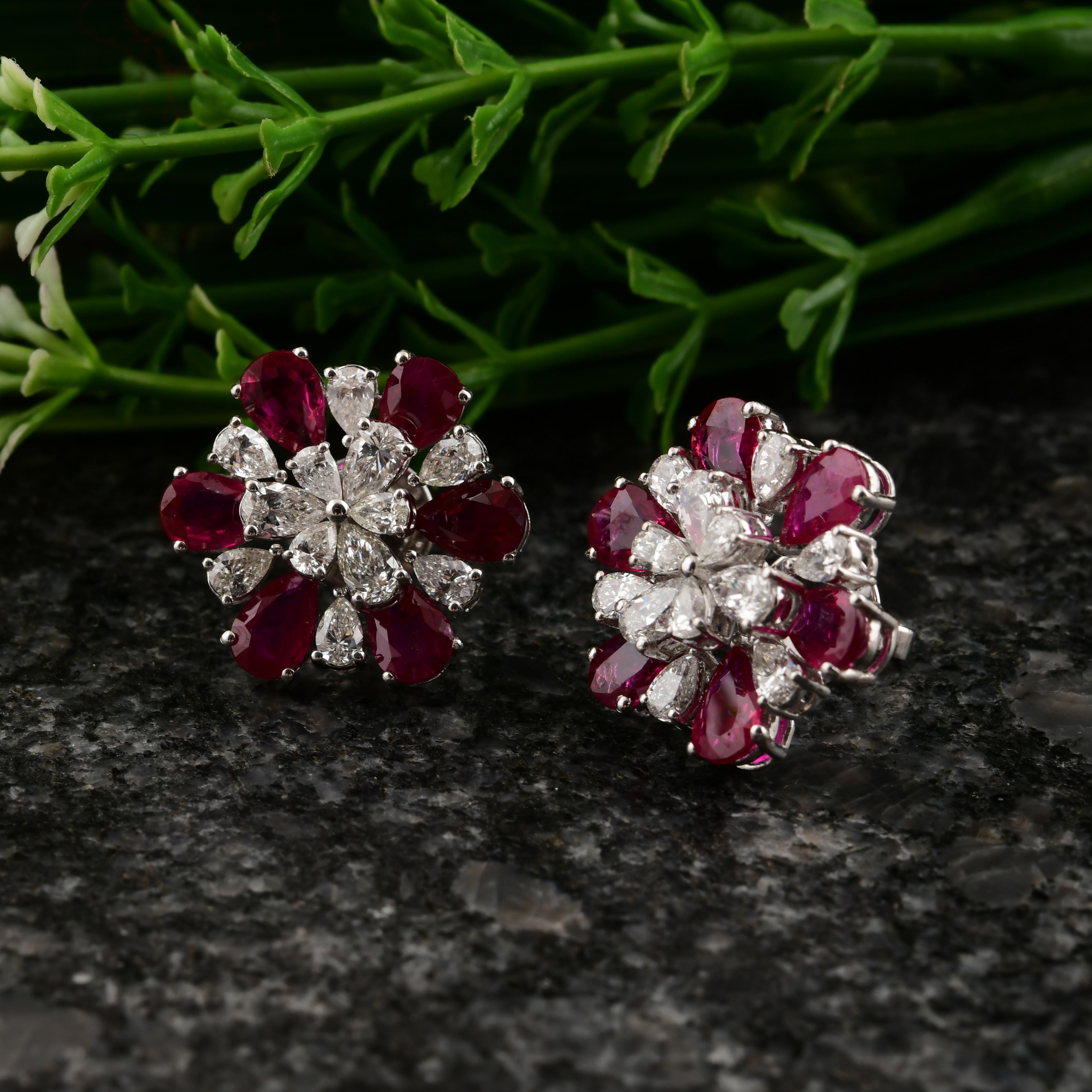 Modern Real 5.23 Carat Ruby Gemstone 2 Carat SI/H Diamond 14 Karat White Gold Earrings For Sale