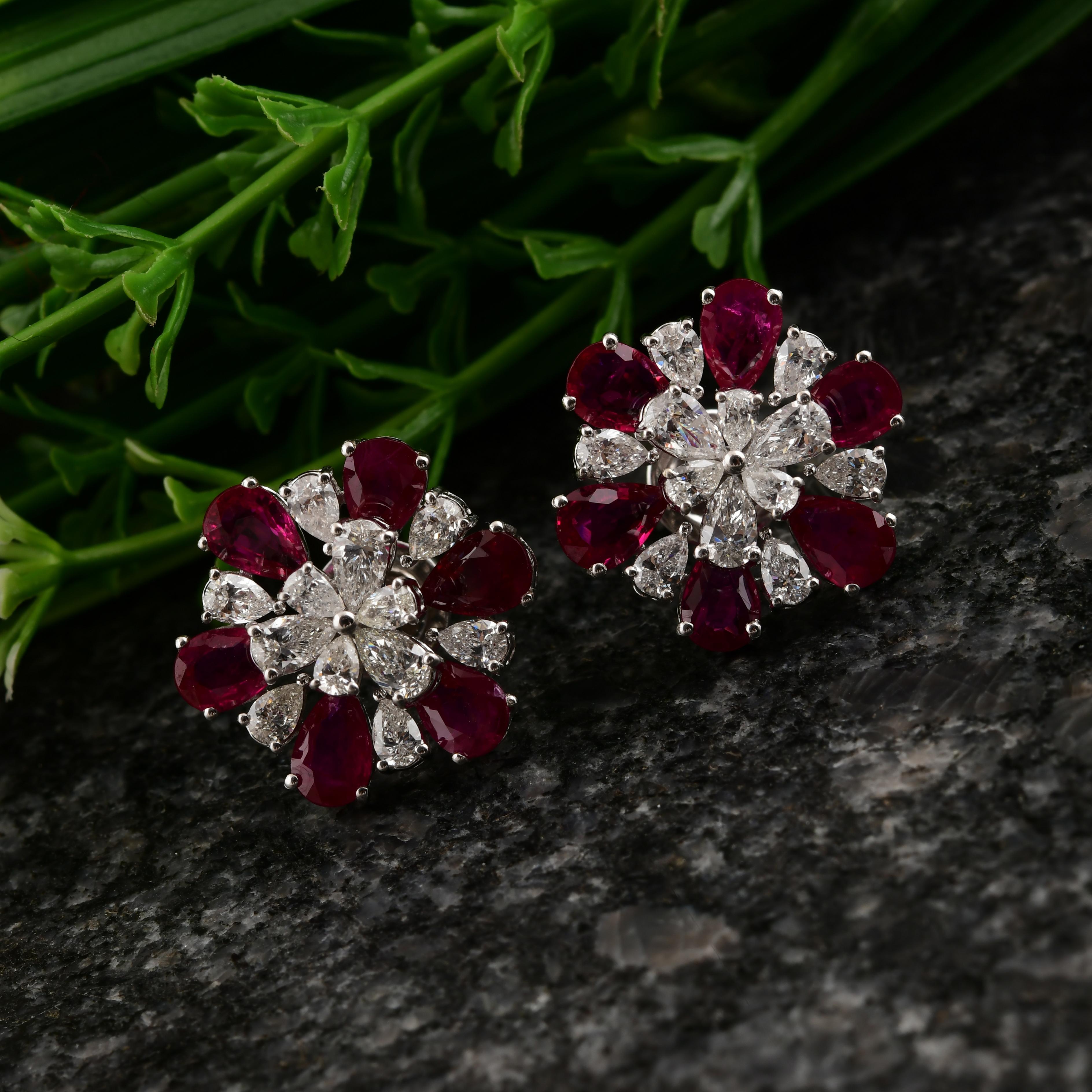 Pear Cut Real 5.23 Carat Ruby Gemstone 2 Carat SI/H Diamond 14 Karat White Gold Earrings For Sale
