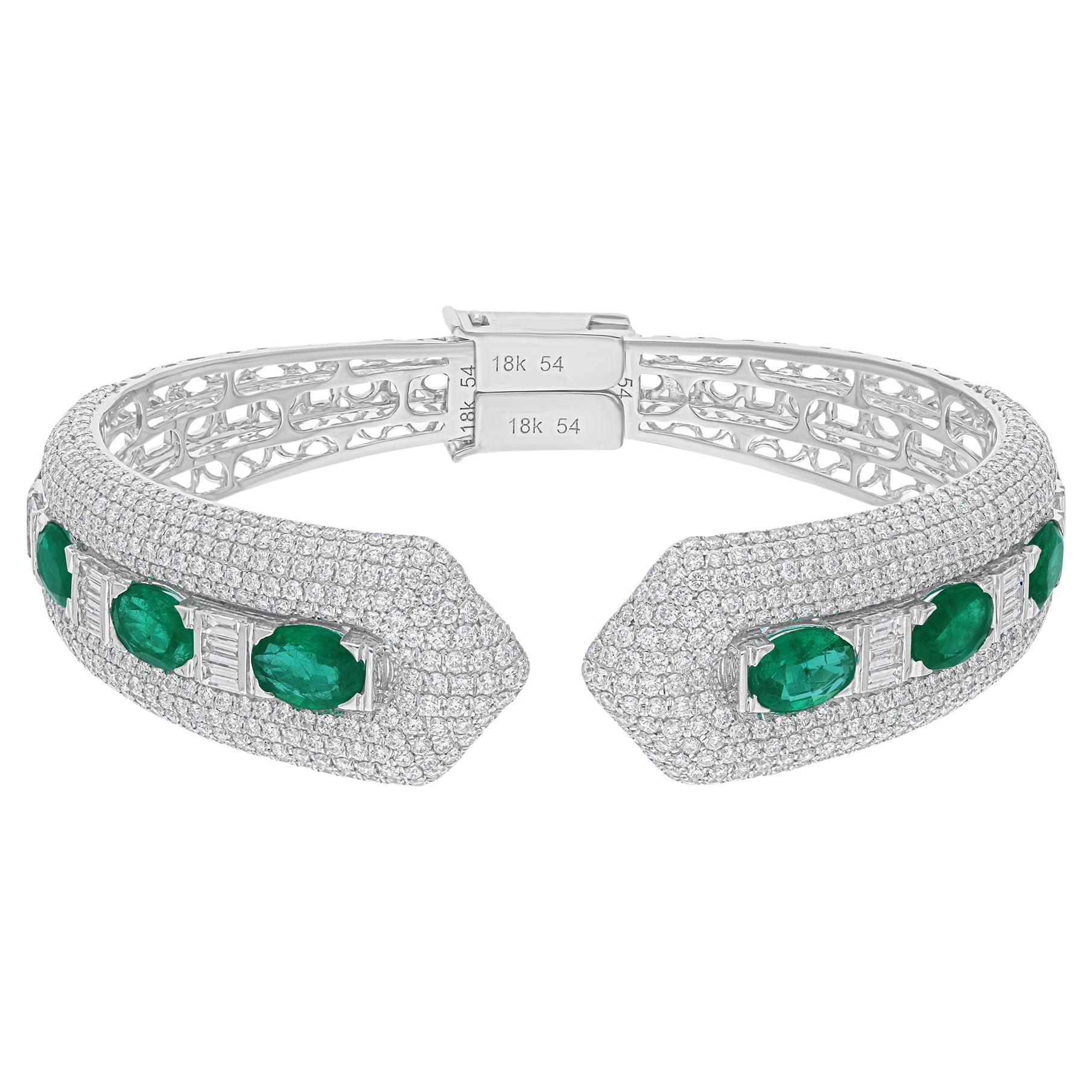 Bracelet manchette en or blanc 18 carats avec émeraude de Zambie de 5,32 carats et diamants de 6,6 carats SI/H