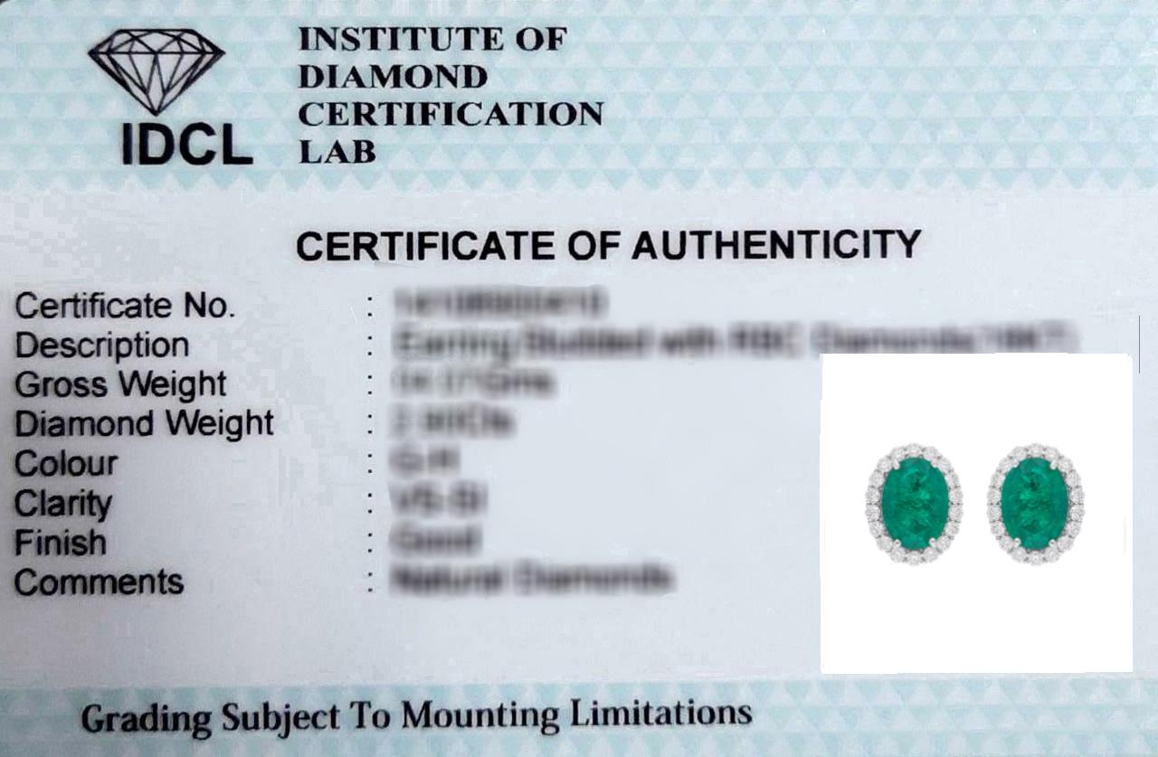 Women's Real 5.47 Carat Oval Zambian Emerald Earrings 1.1 Ct SI/H Diamond 18k White Gold For Sale