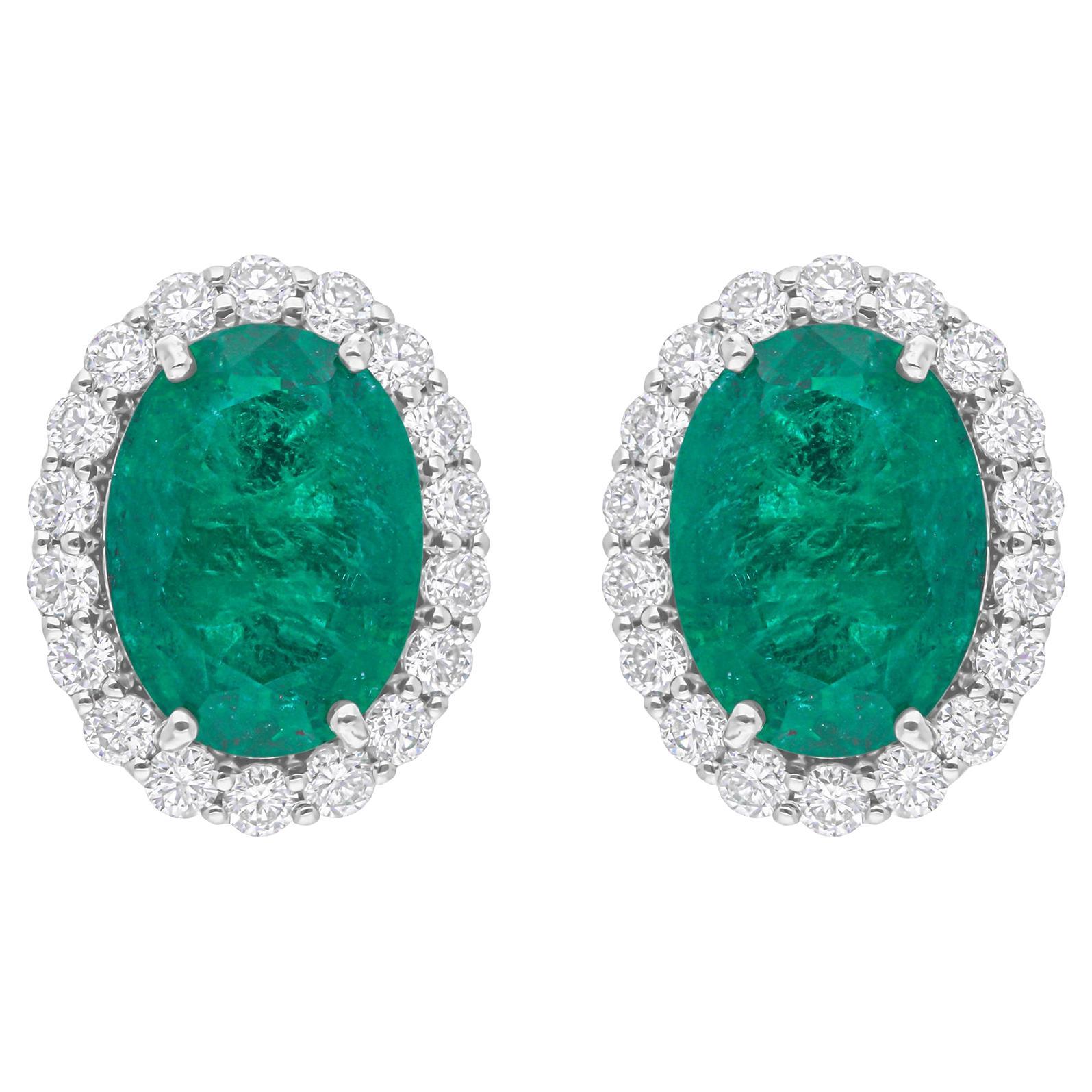 Real 5.47 Carat Oval Zambian Emerald Earrings 1.1 Ct SI/H Diamond 18k White Gold For Sale