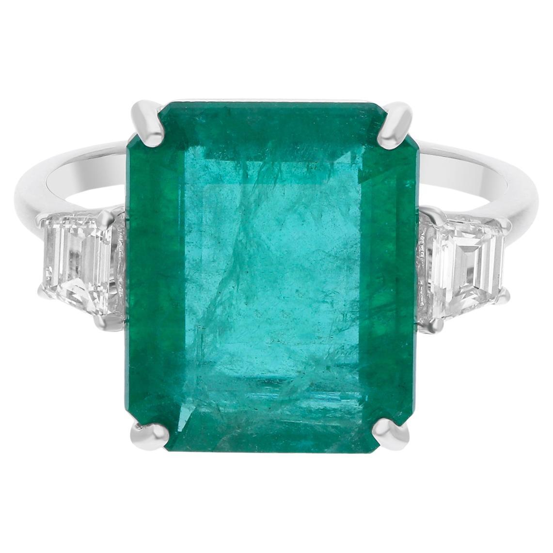 Real 5.8 Carat Zambian Emerald Cocktail Ring 0.38 Ct SI/H Diamond 18k White Gold