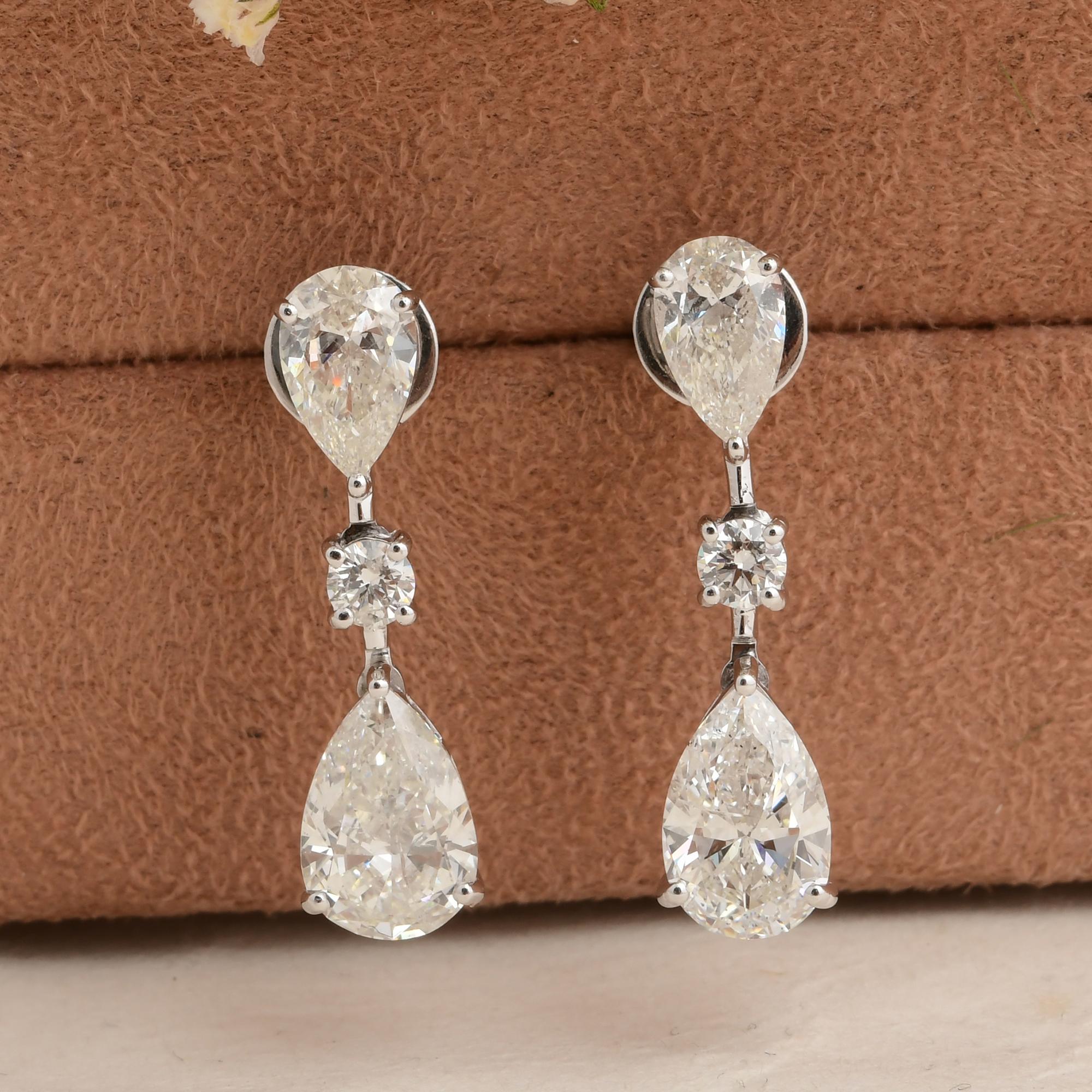 Pear Cut Real 6.17 Carat SI Clarity HI Color Diamond Dangle Earrings 18 Karat White Gold For Sale