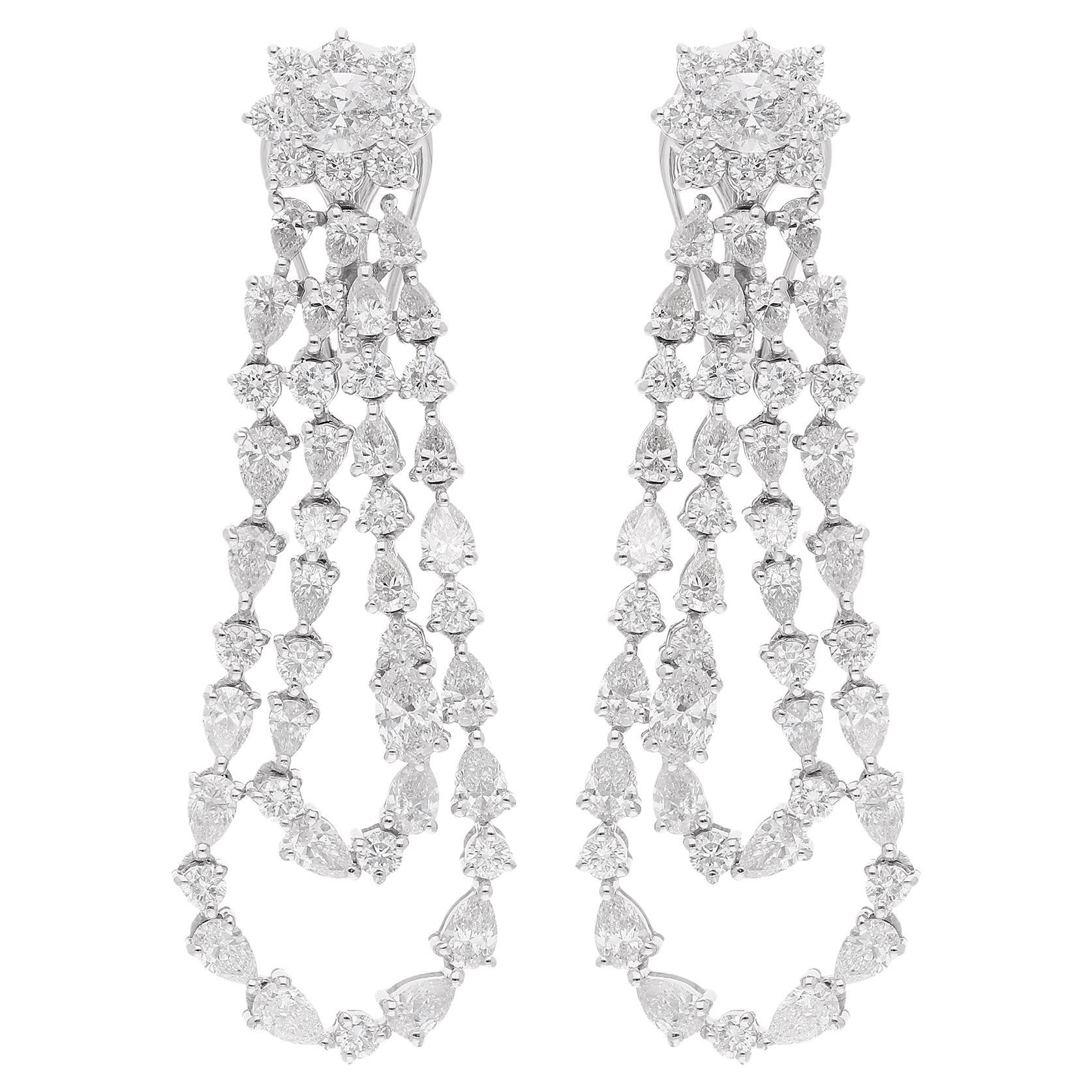 Boucles d'oreilles pendantes en or blanc 14 carats avec diamants ronds et poires de 6,25 carats réels