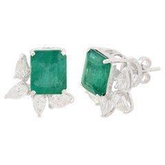 Real 6.43 Carat Emerald Gemstone Earrings 1.30 Carat Pear Diamond 18k White Gold