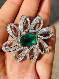 Real 7.25 CTW Diamond 7.5 CTW Emerald Floral Brooch in 18k Solid White Gold