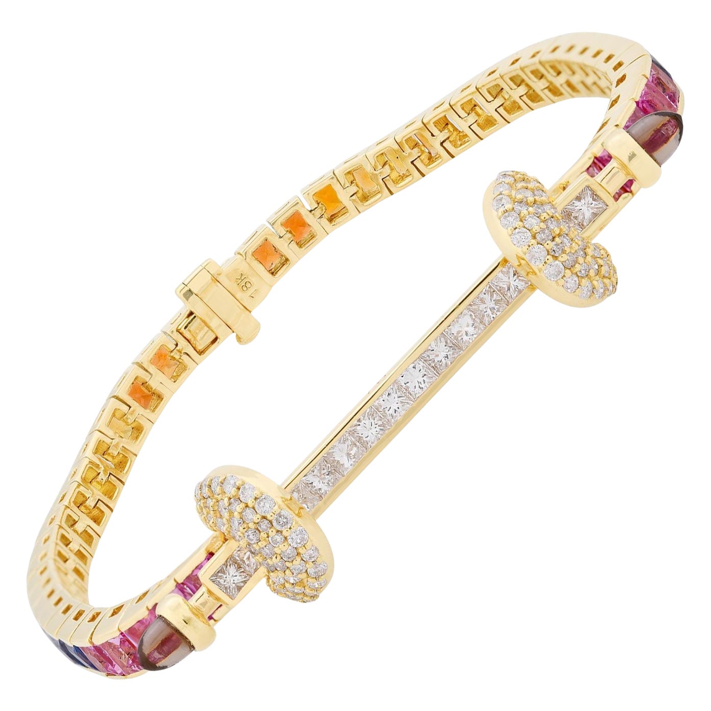 Real 7.81 Carat Multi Sapphire Bracelet 1.35 Carat Diamond 14 Karat Yellow Gold For Sale