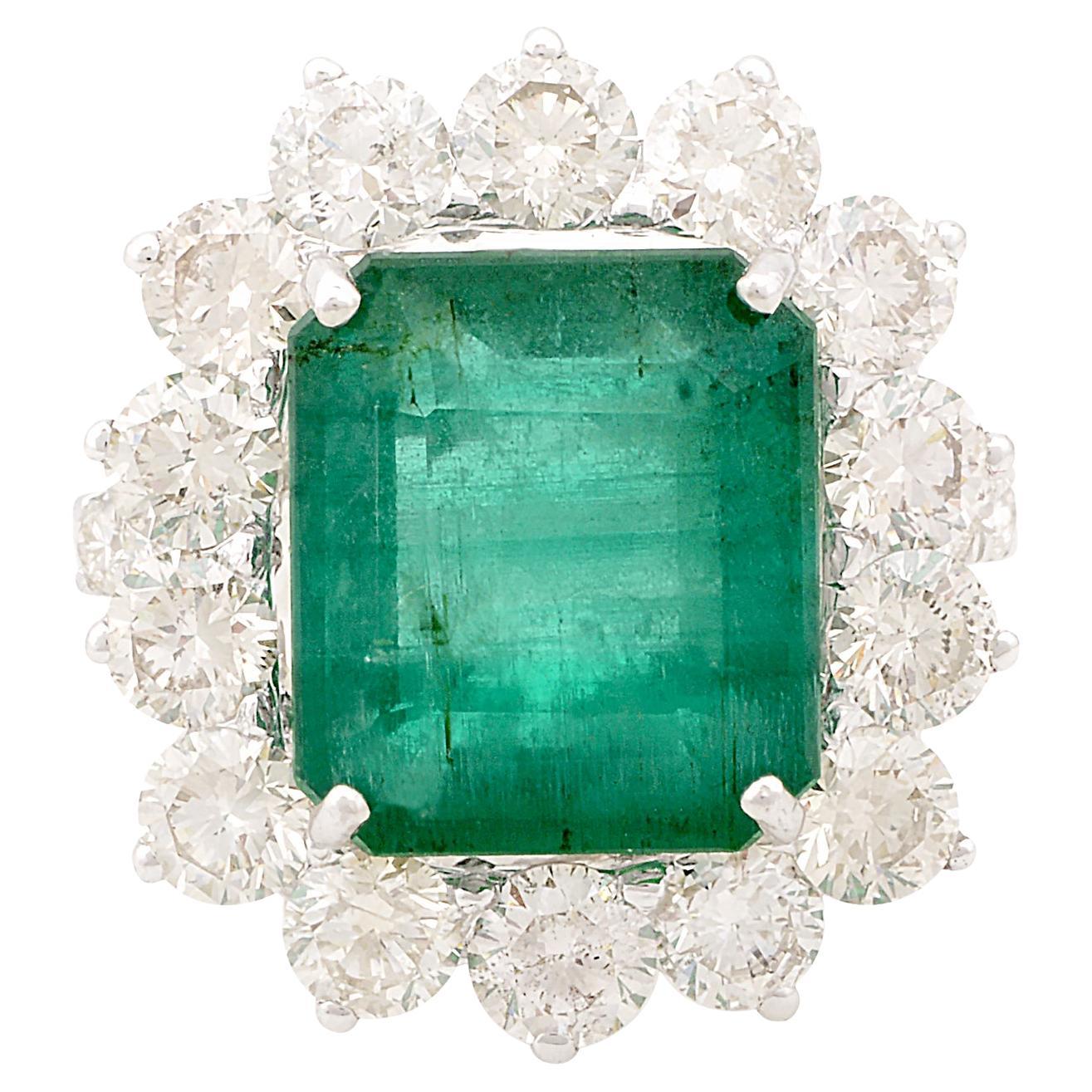 Real 7.93 Carat Emerald Gemstone Cocktail Ring 3.50 Carat Diamond 18k White Gold