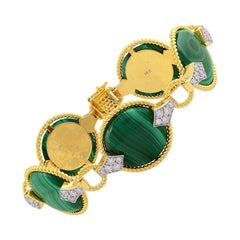 Real 86.14 Carat Malachite Bracelet 2.25 Carat Diamond Pave 14 Karat Yellow Gold
