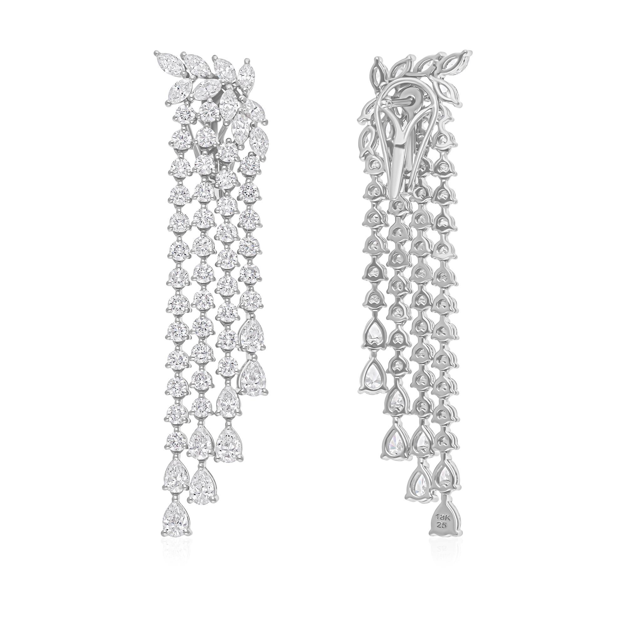 Moderno Orecchini a lampadario con diamanti tondi, reali, da 9,20 carati SI/H Pear, in oro bianco 18 carati in vendita