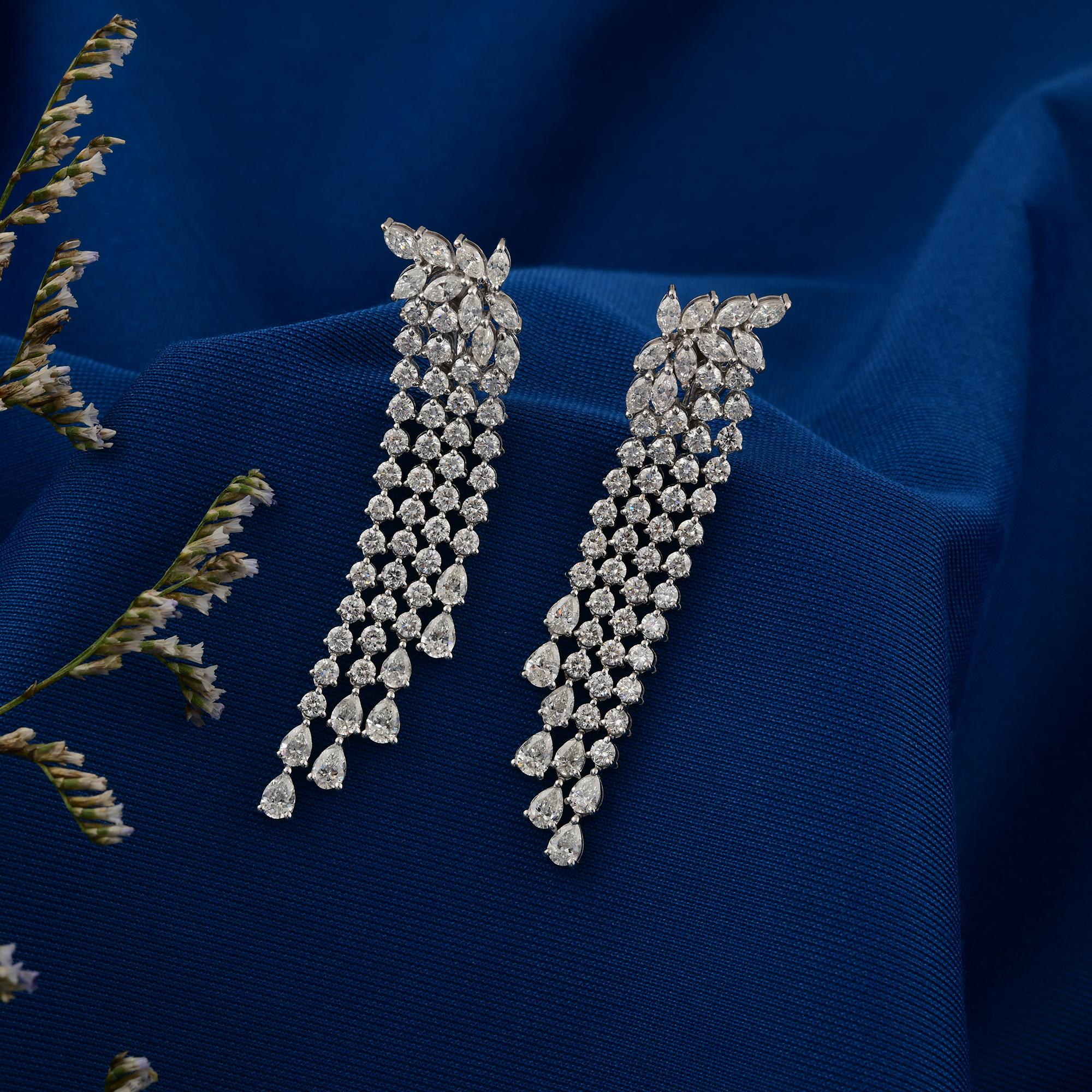 Taglio a goccia Orecchini a lampadario con diamanti tondi, reali, da 9,20 carati SI/H Pear, in oro bianco 18 carati in vendita