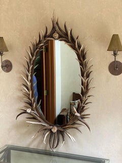 Miroir en bois de cerf véritable de forme ovale, fin du 20e siècle