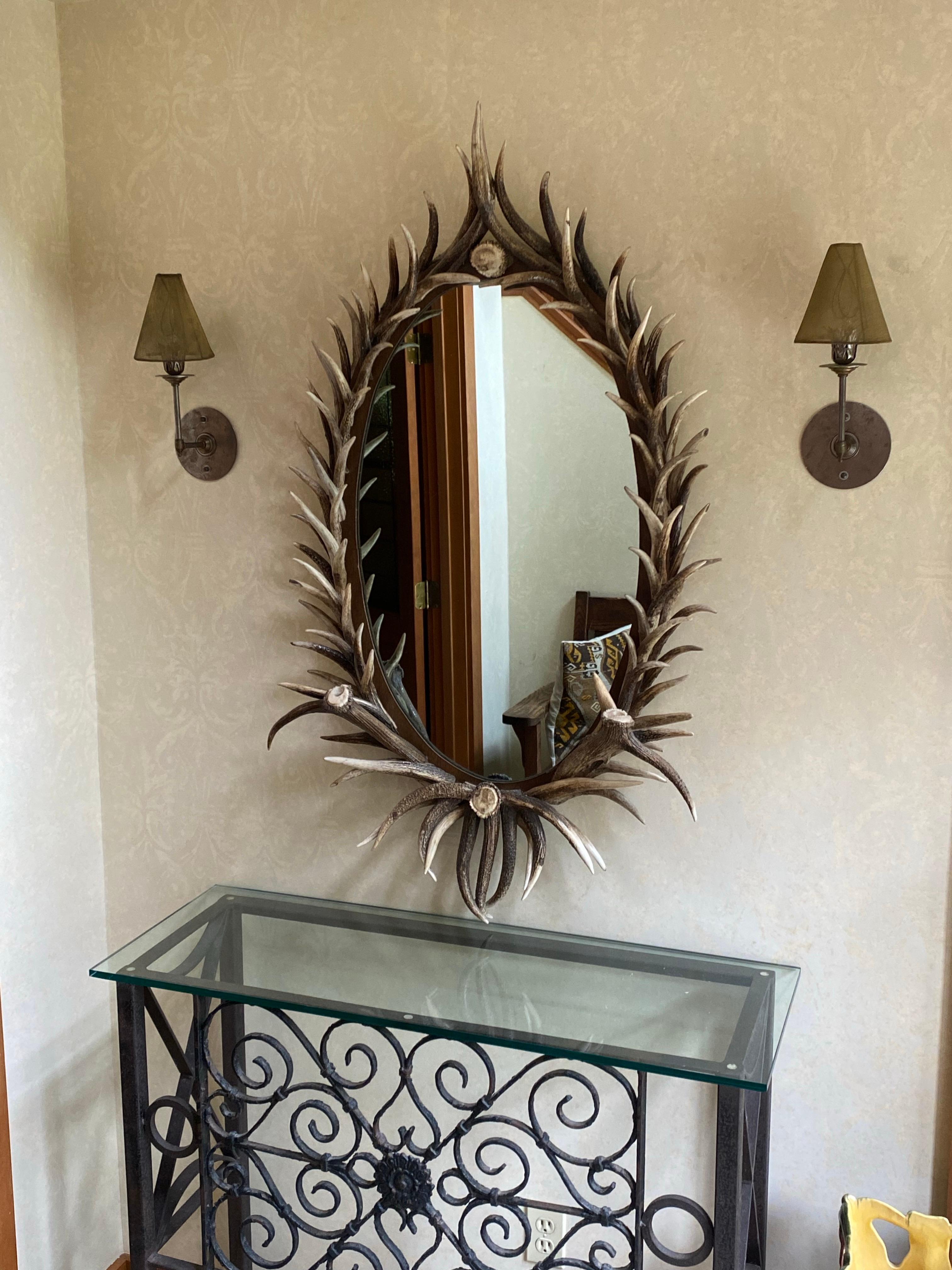 American Real Antler Mirror in Oval Shape, Late 20th Century For Sale