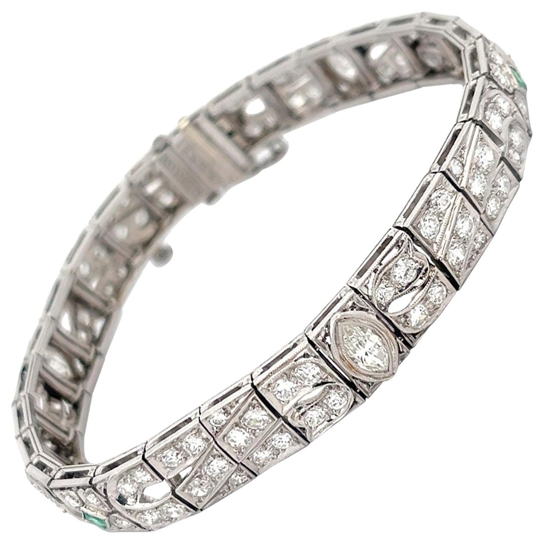 Real Art Deco Diamond and Emerald Bracelet in Platinum