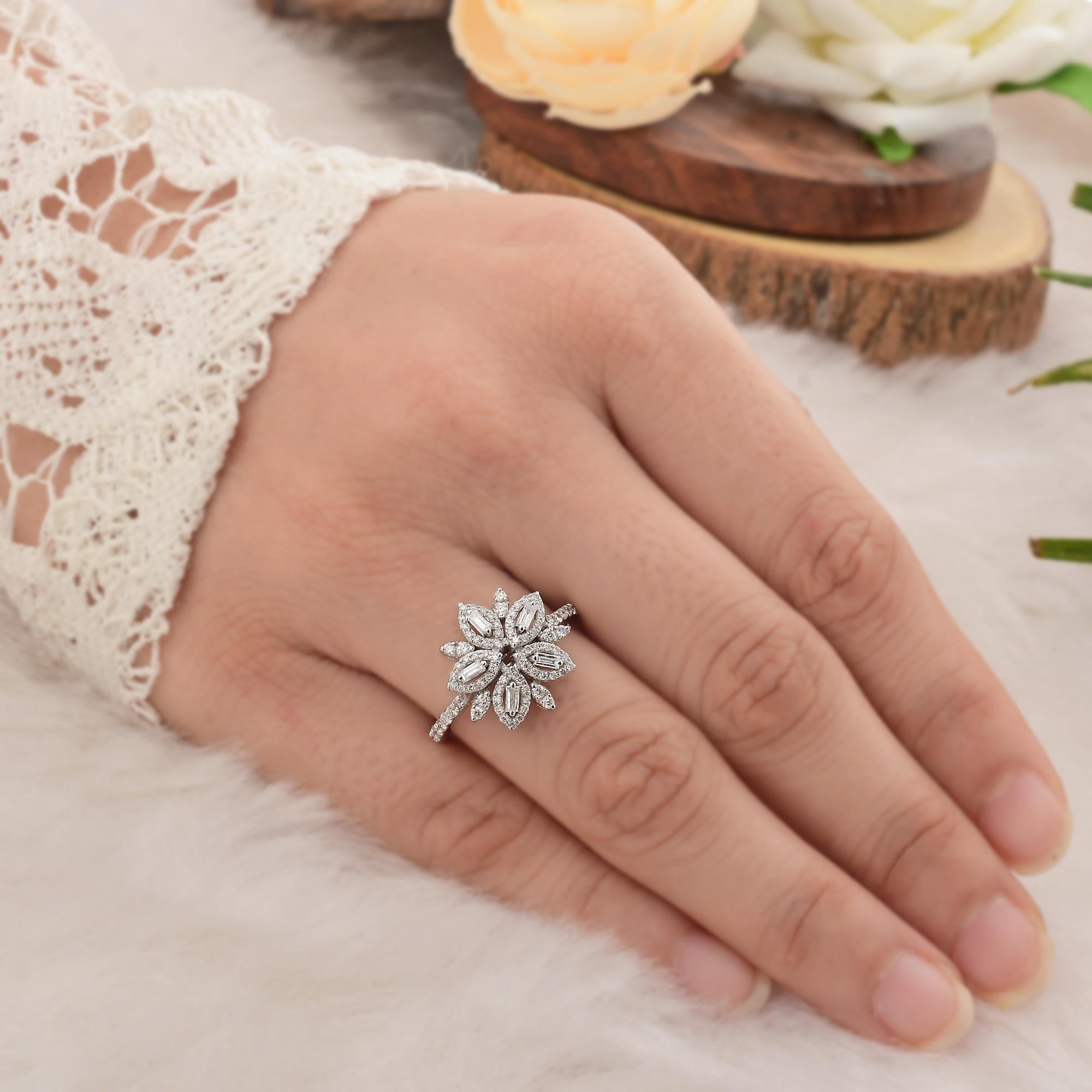 Modern Real Baguette Round Diamond Flower Ring 10 Karat White Gold Handmade Jewelry For Sale