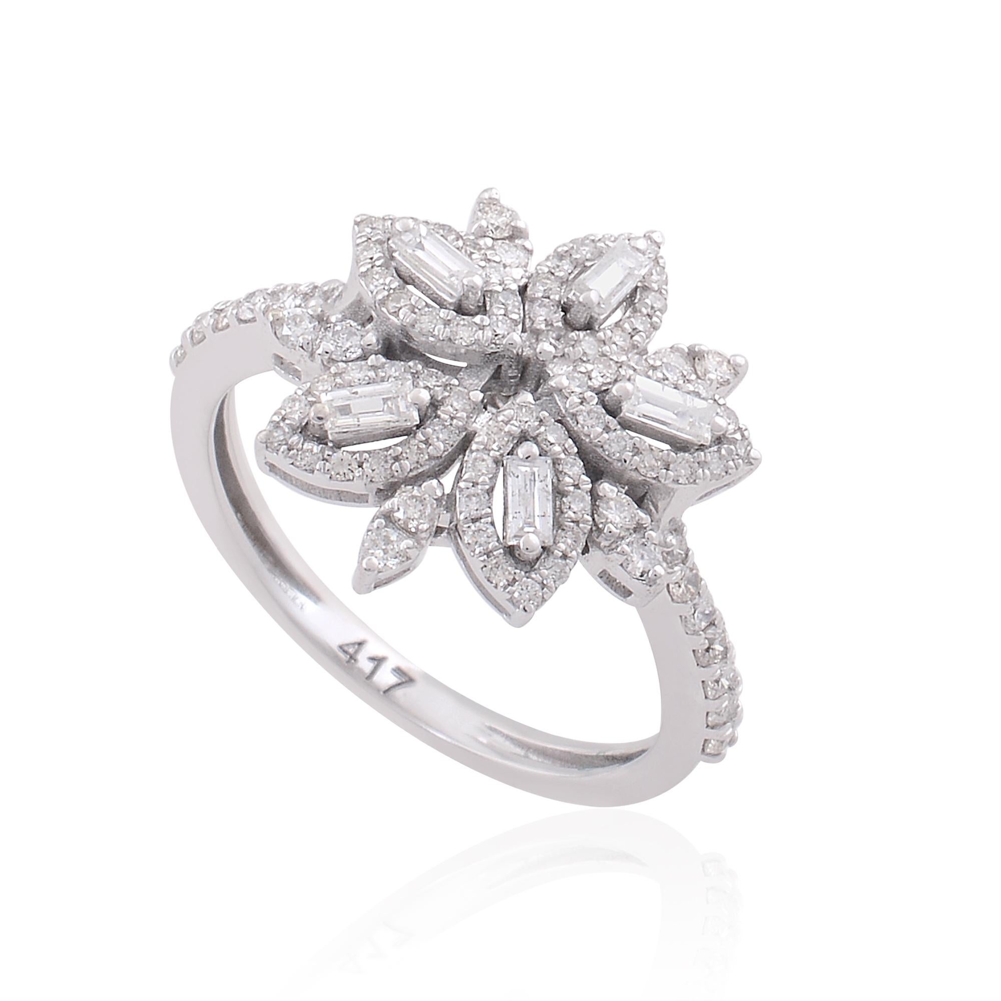 Women's Real Baguette Round Diamond Flower Ring 10 Karat White Gold Handmade Jewelry For Sale