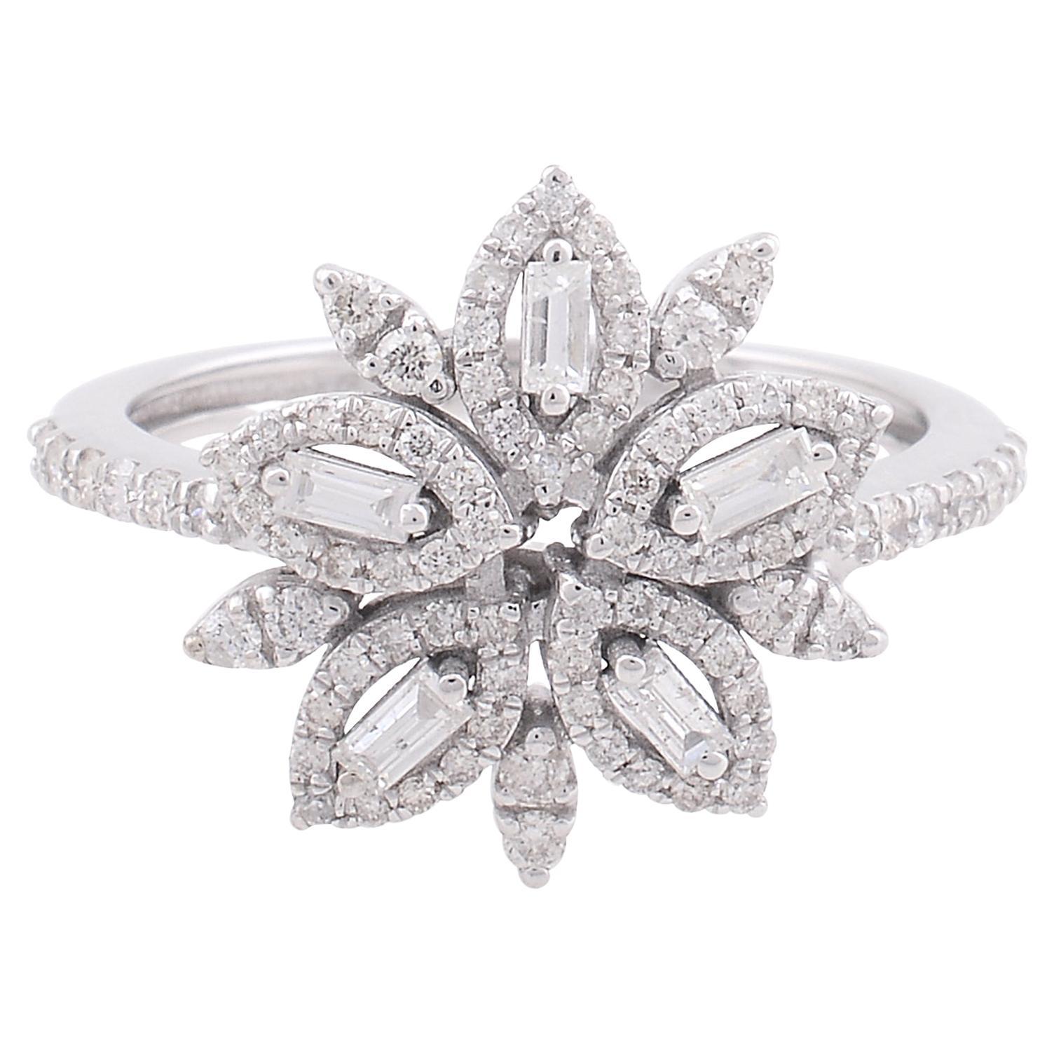 Bague fleur réelle en or blanc 10 carats avec diamants ronds et baguettes, faite à la main