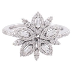 Used Real Baguette Round Diamond Flower Ring 10 Karat White Gold Handmade Jewelry