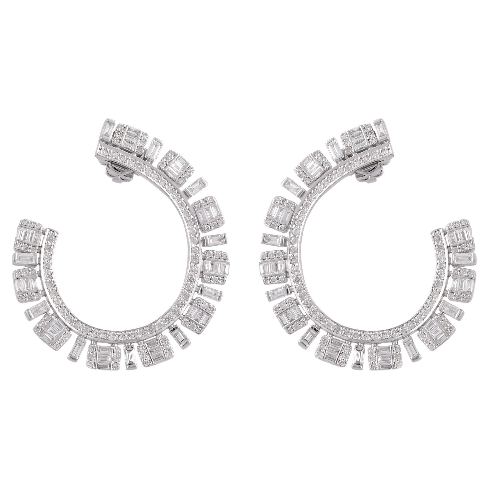 Real Baguette Round Diamond Hoop Earrings 18 Karat White Gold Handmade Jewelry