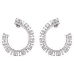 Real Baguette Round Diamond Hoop Earrings 18 Karat White Gold Handmade Jewelry