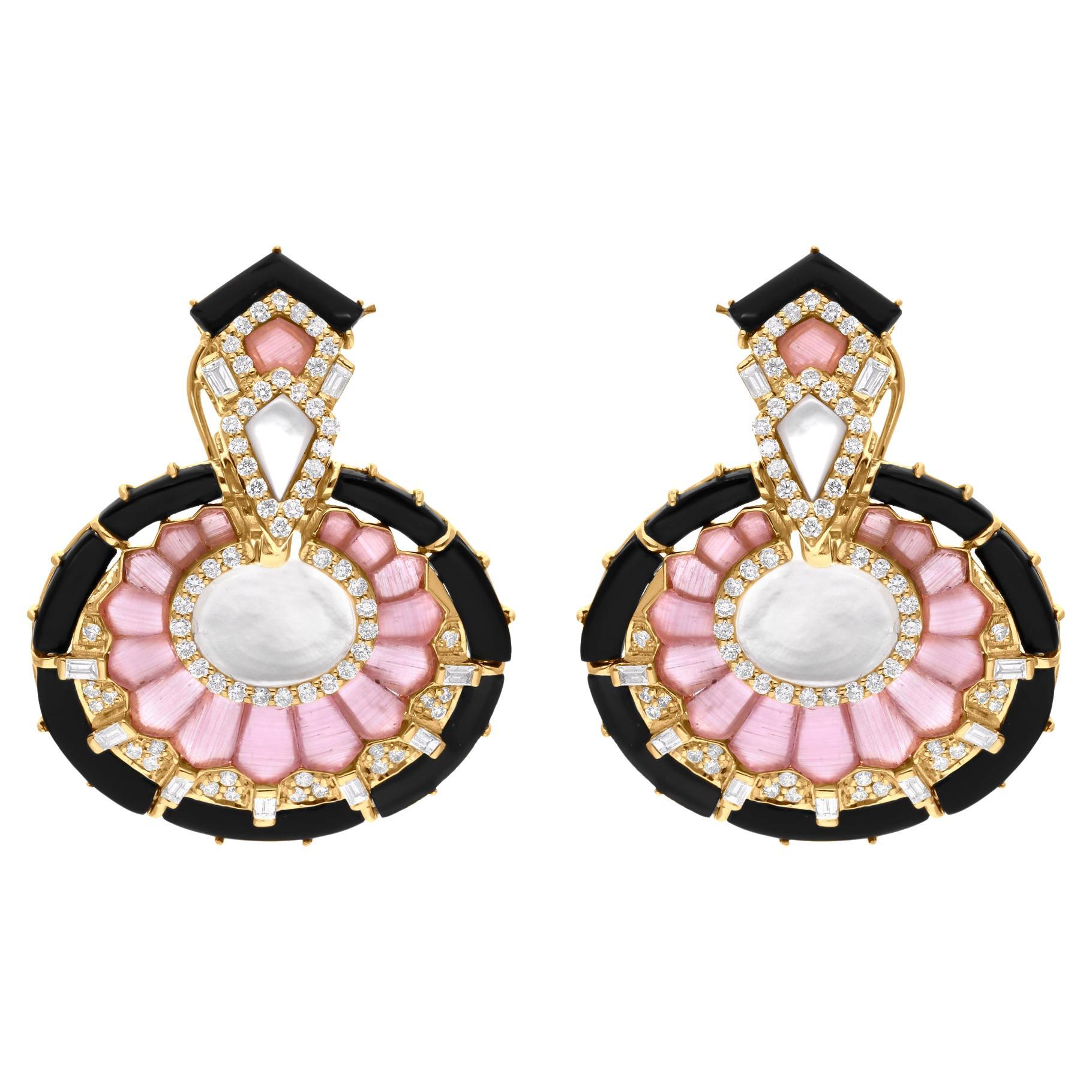 Real Black Onyx Pink Opal MOP Dangle Earrings SI/H Diamond 14 Karat Yellow Gold For Sale