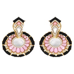 Real Black Onyx Pink Opal MOP Dangle Earrings SI/H Diamond 14 Karat Yellow Gold