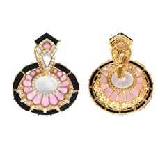 Real Black Onyx Pink Opal MOP Dangle Earrings SI/H Diamond 18 Karat Yellow Gold