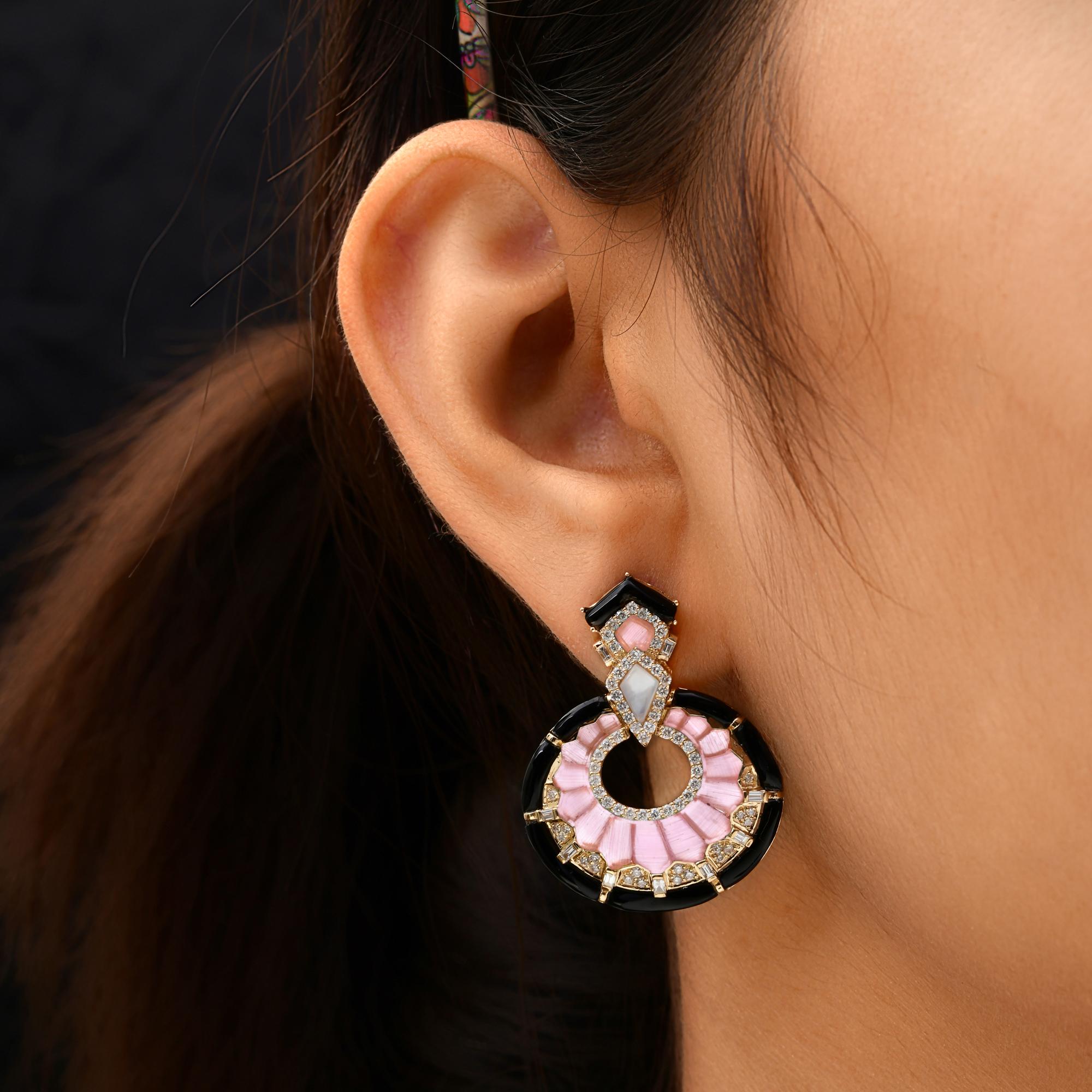 Modern Real Black Onyx Pink Opal MOP Dangle Earrings SI/H Diamond 18 Karat Yellow Gold For Sale