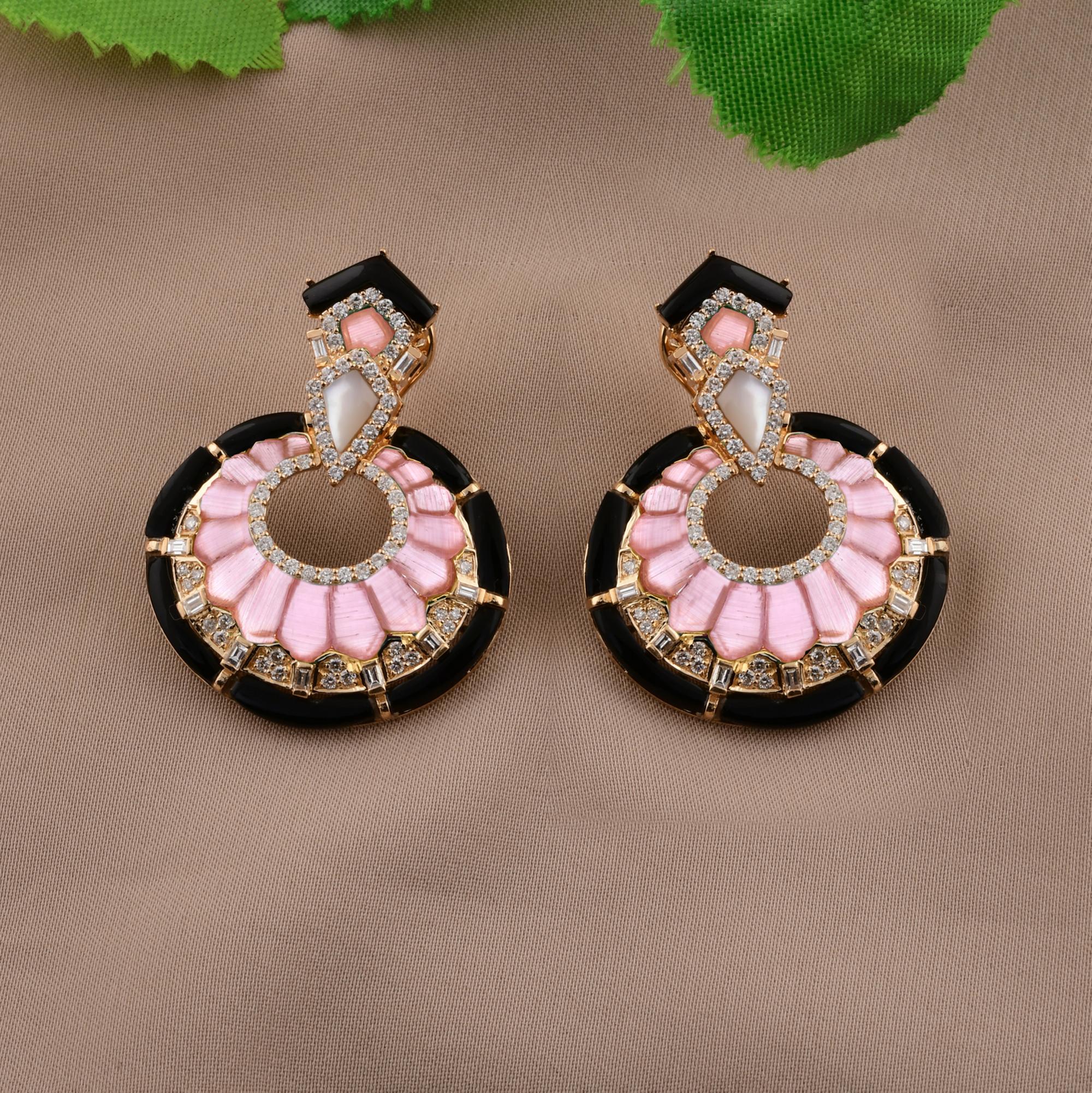 Round Cut Real Black Onyx Pink Opal MOP Dangle Earrings SI/H Diamond 18 Karat Yellow Gold For Sale