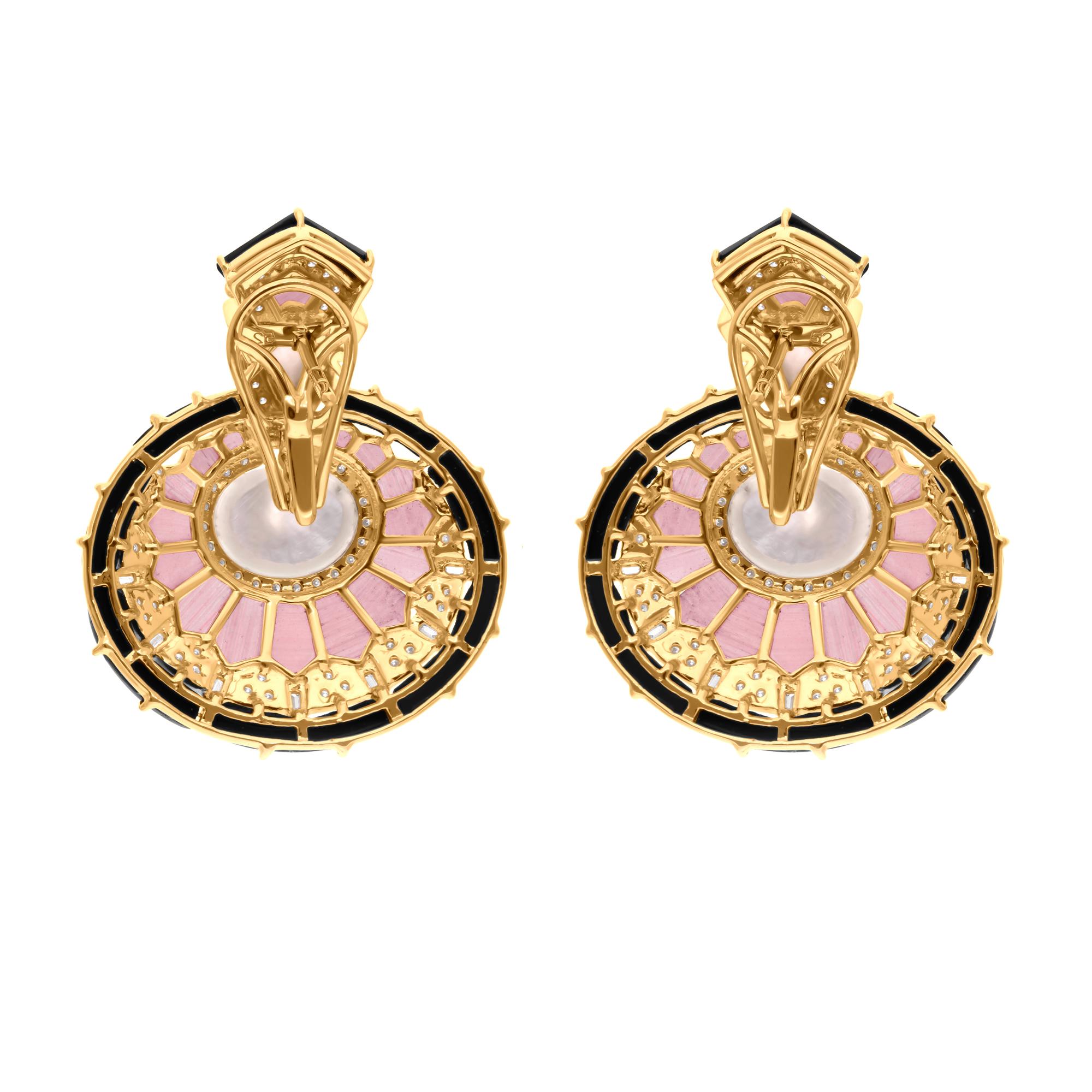 Real Black Onyx Pink Opal MOP Dangle Earrings SI/H Diamond 18 Karat Yellow Gold In New Condition For Sale In Diera, Dubai