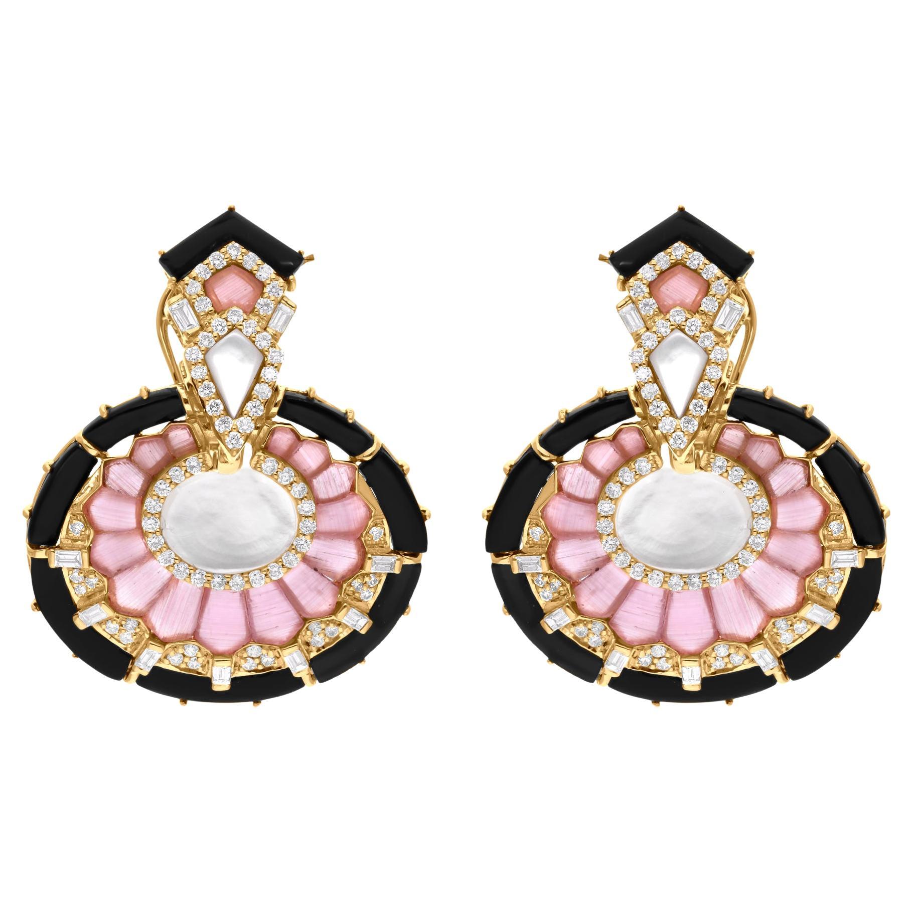 Real Schwarzer Onyx Rosa Opal MOP Ohrhänger SI/H Diamant 18 Karat Gelbgold im Angebot