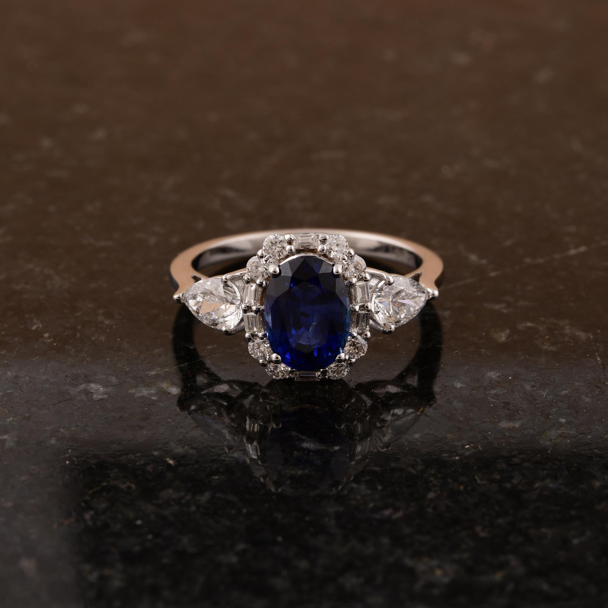 Oval Cut Real Blue Sapphire Cocktail Ring SI Clarity HI Color Diamond 14 Karat White Gold For Sale