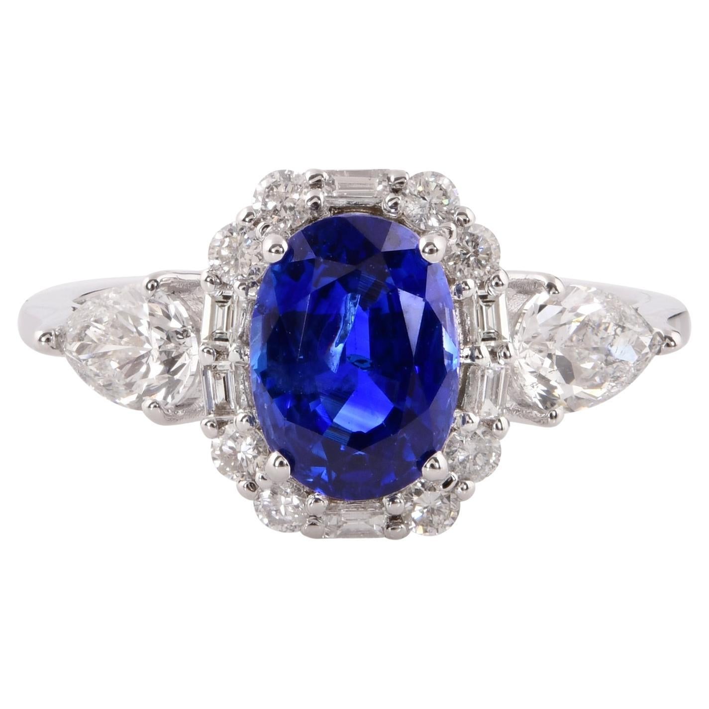 Real Blue Sapphire Cocktail Ring SI Clarity HI Color Diamond 14 Karat White Gold For Sale