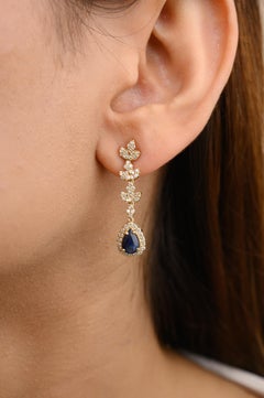 Real Blue Sapphire Diamond Cocktail Long Dangle Earrings in 14k Yellow Gold