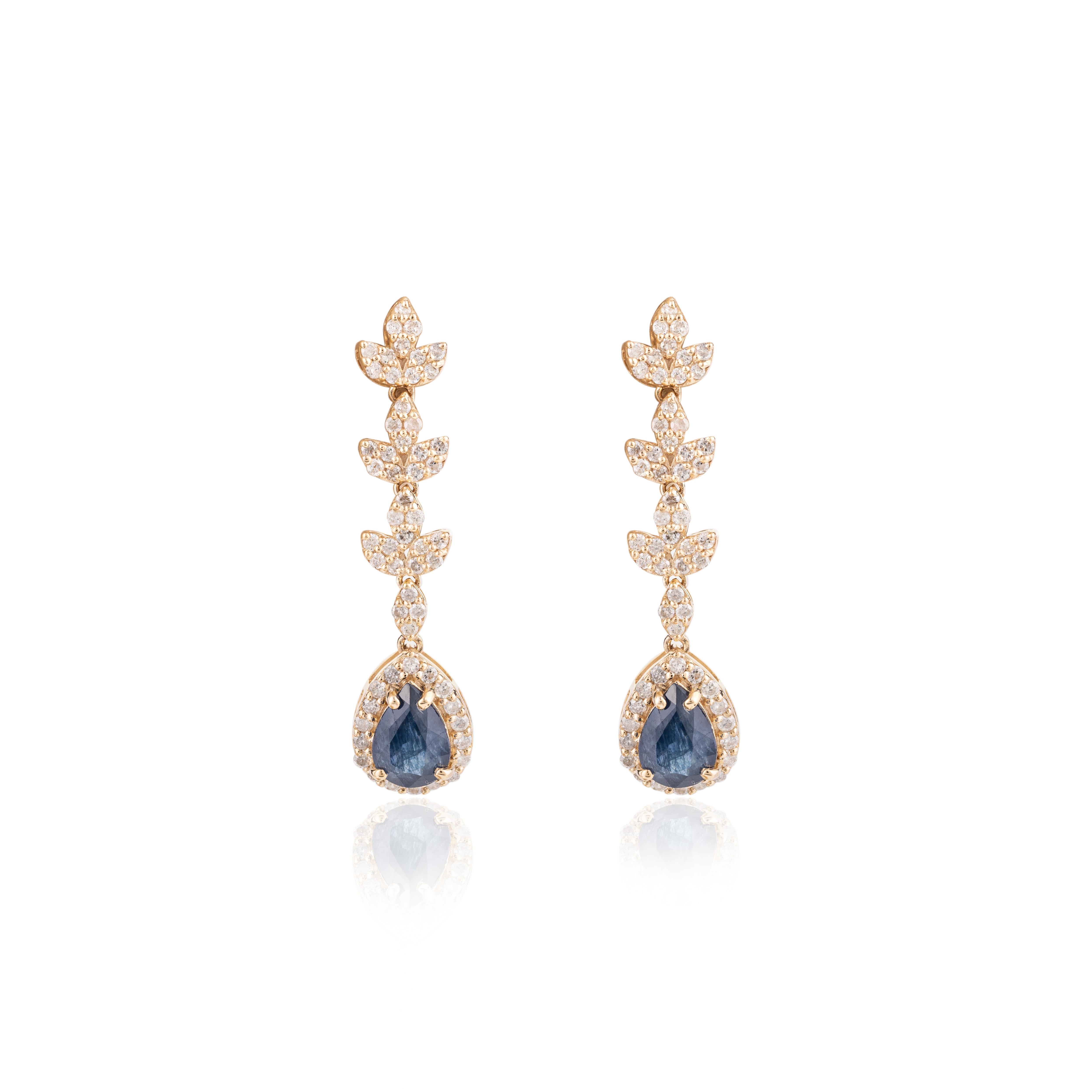 Art Nouveau Real Blue Sapphire Diamond Cocktail Long Dangle Earrings in 14k Yellow Gold For Sale