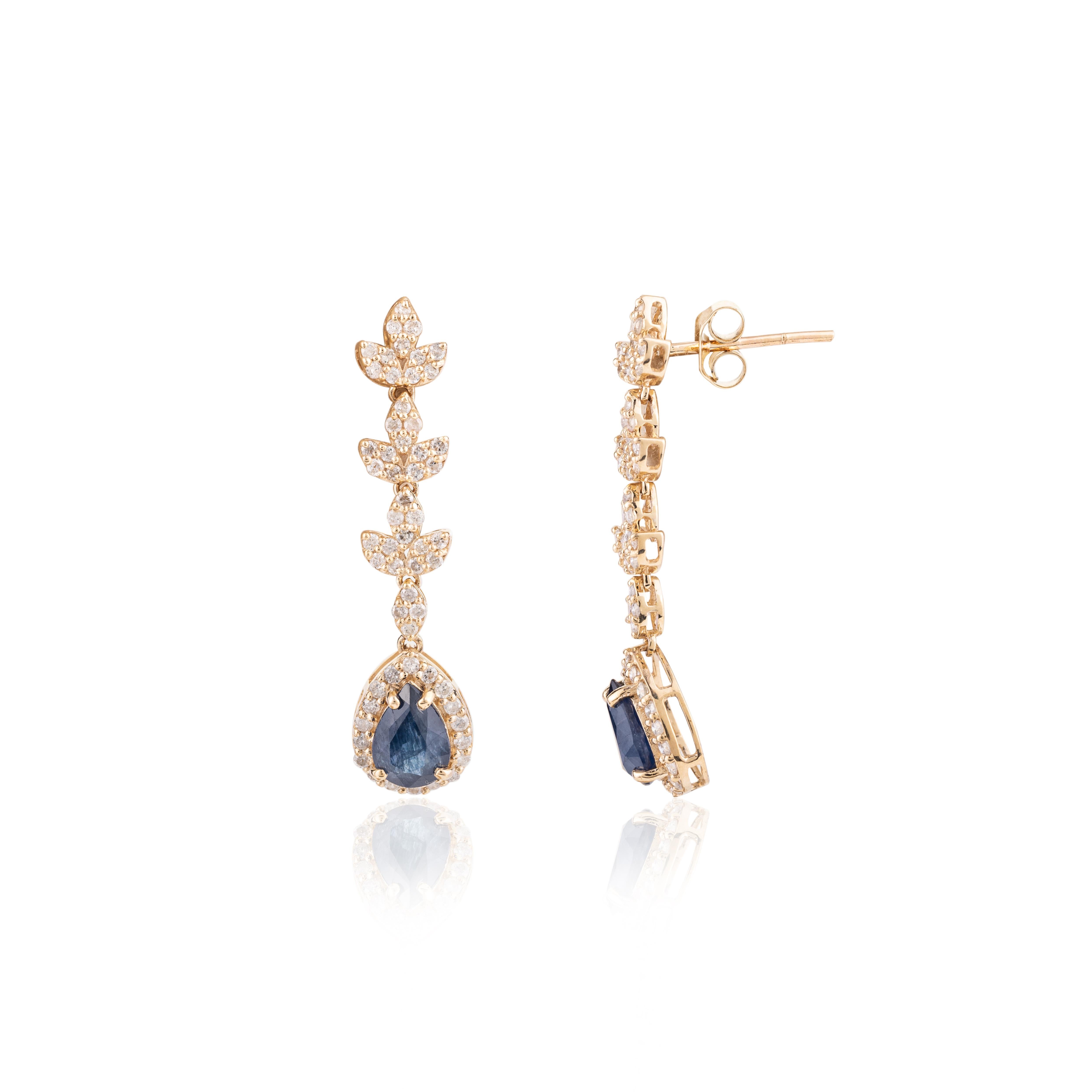 Real Blue Sapphire Diamond Cocktail Long Dangle Earrings in 14k Yellow Gold In New Condition For Sale In Houston, TX