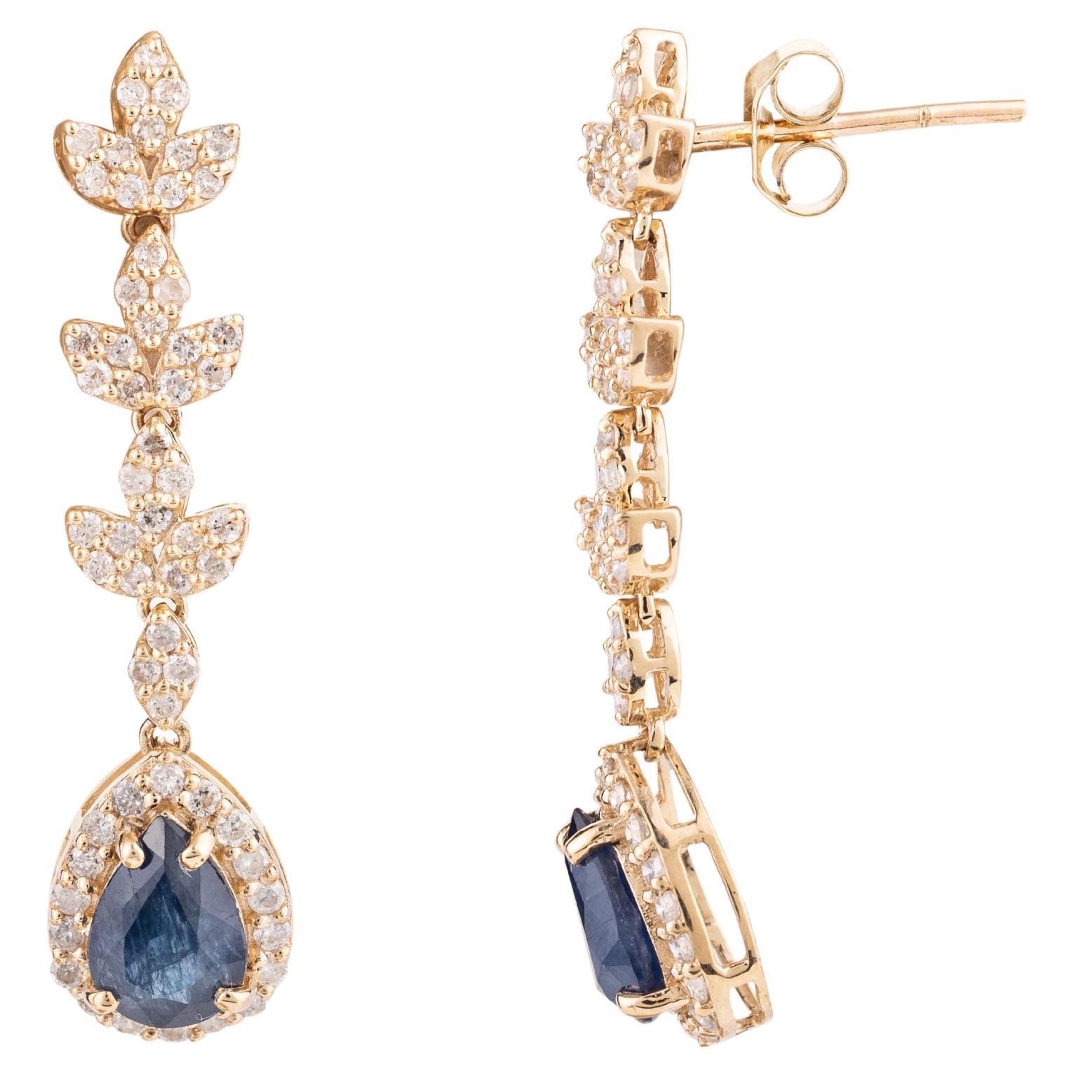 Real Blue Sapphire Diamond Cocktail Long Dangle Earrings in 14k Yellow Gold For Sale