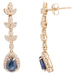 Real Blue Sapphire Diamond Cocktail Long Dangle Earrings in 14k Yellow Gold