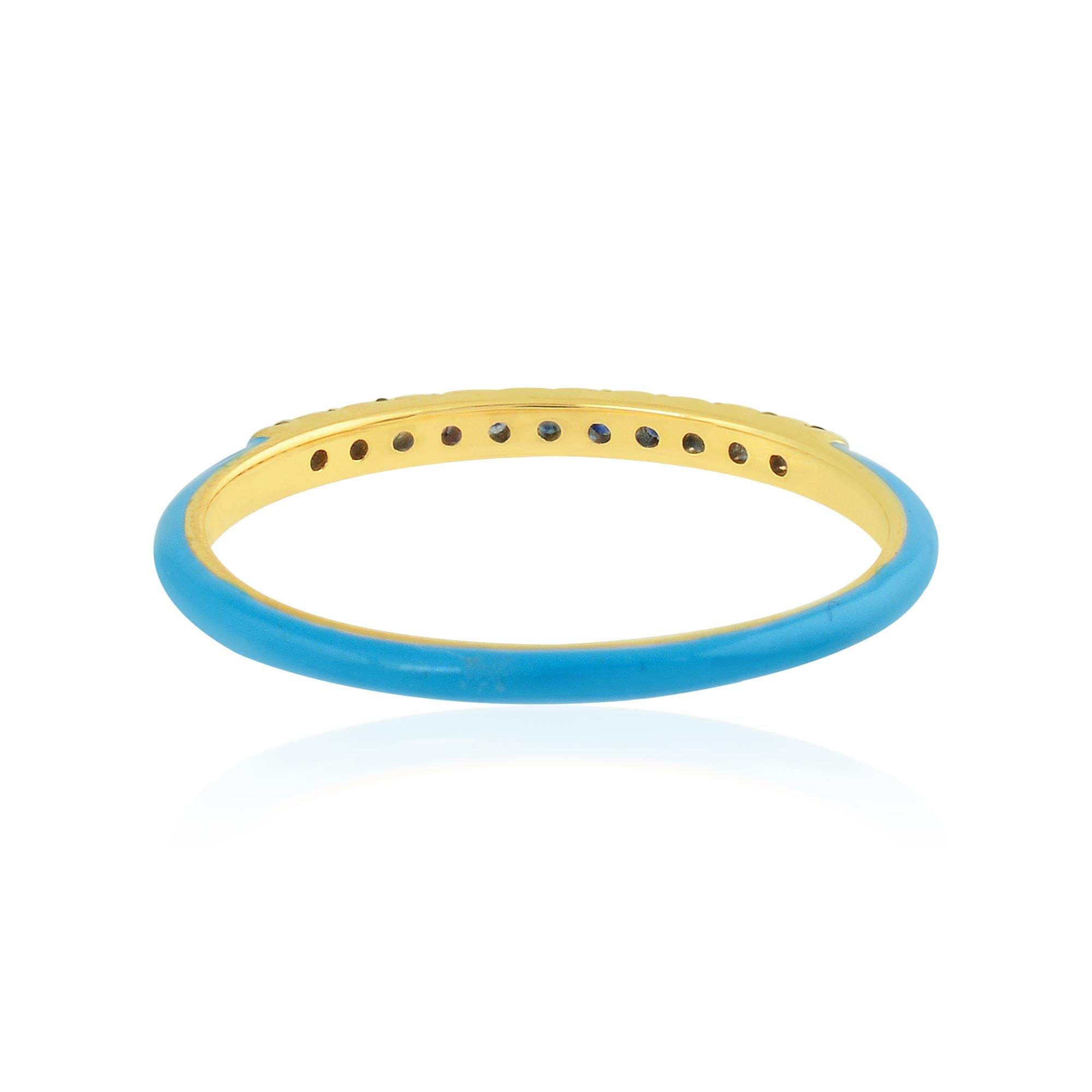 Modern Real Blue Sapphire Gemstone Blue Enamel Half Eternity Band Ring 14Kt Yellow Gold For Sale