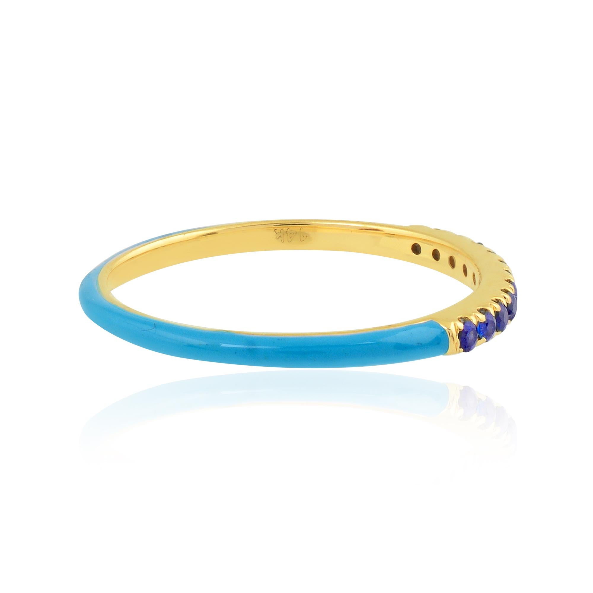 Round Cut Real Blue Sapphire Gemstone Blue Enamel Half Eternity Band Ring 14Kt Yellow Gold