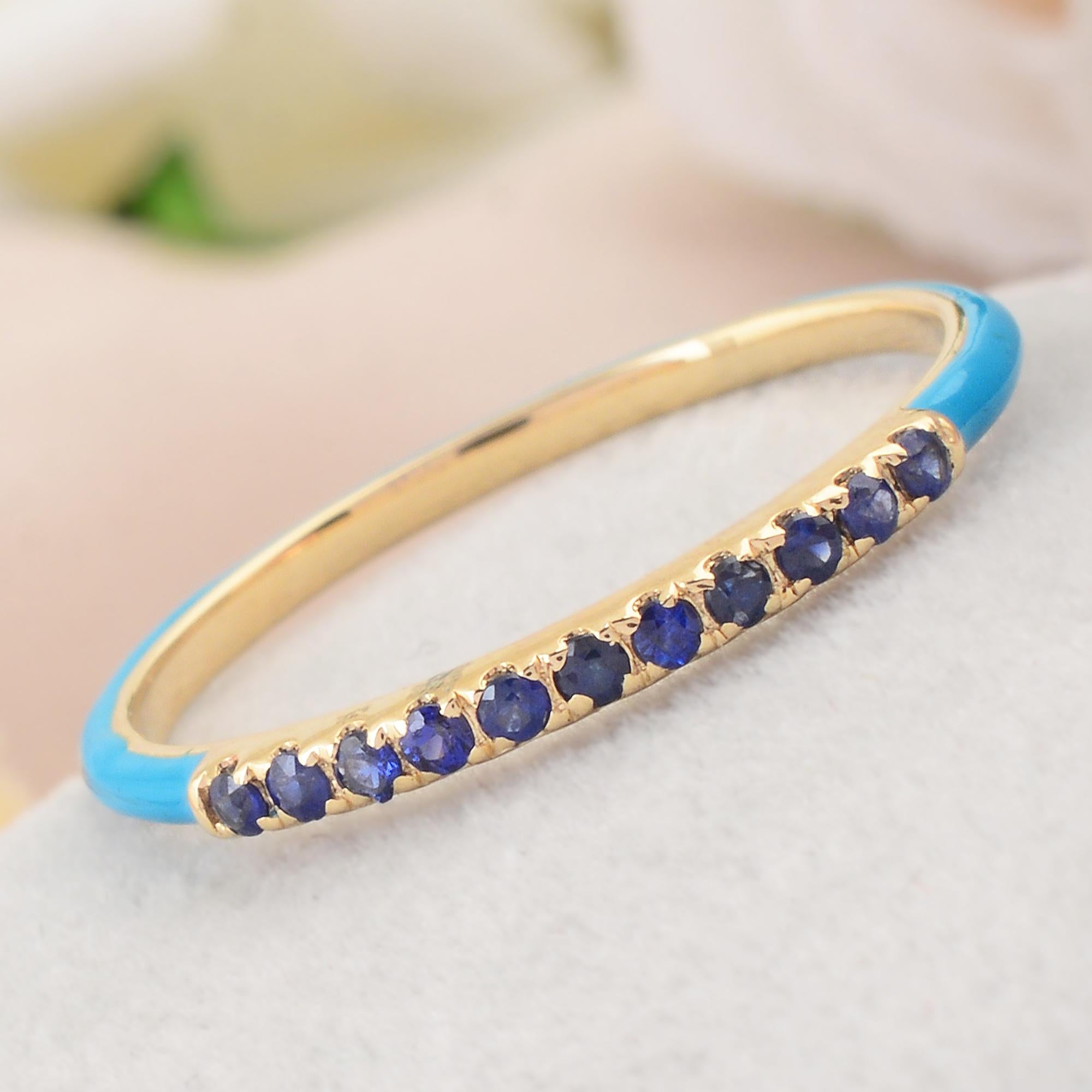 Real Blue Sapphire Gemstone Blue Enamel Half Eternity Band Ring 14Kt Yellow Gold For Sale 1